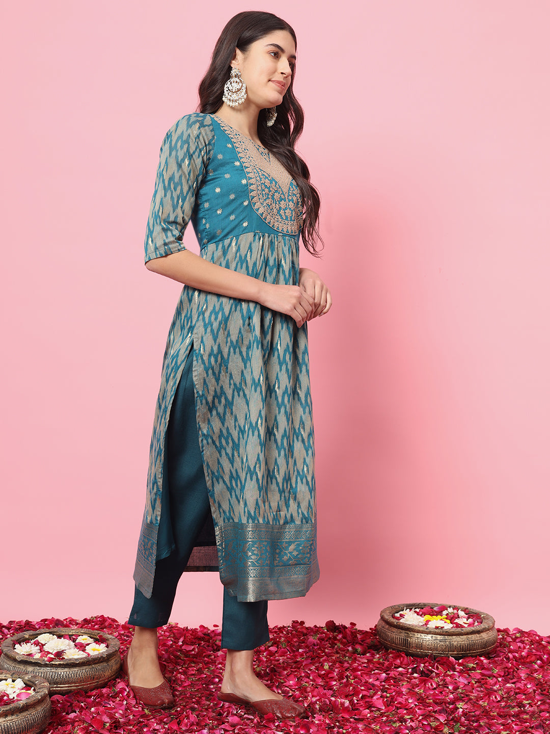 VredeVogel Flared Kurta and Trousers Pant Set Cotton Silk Blend