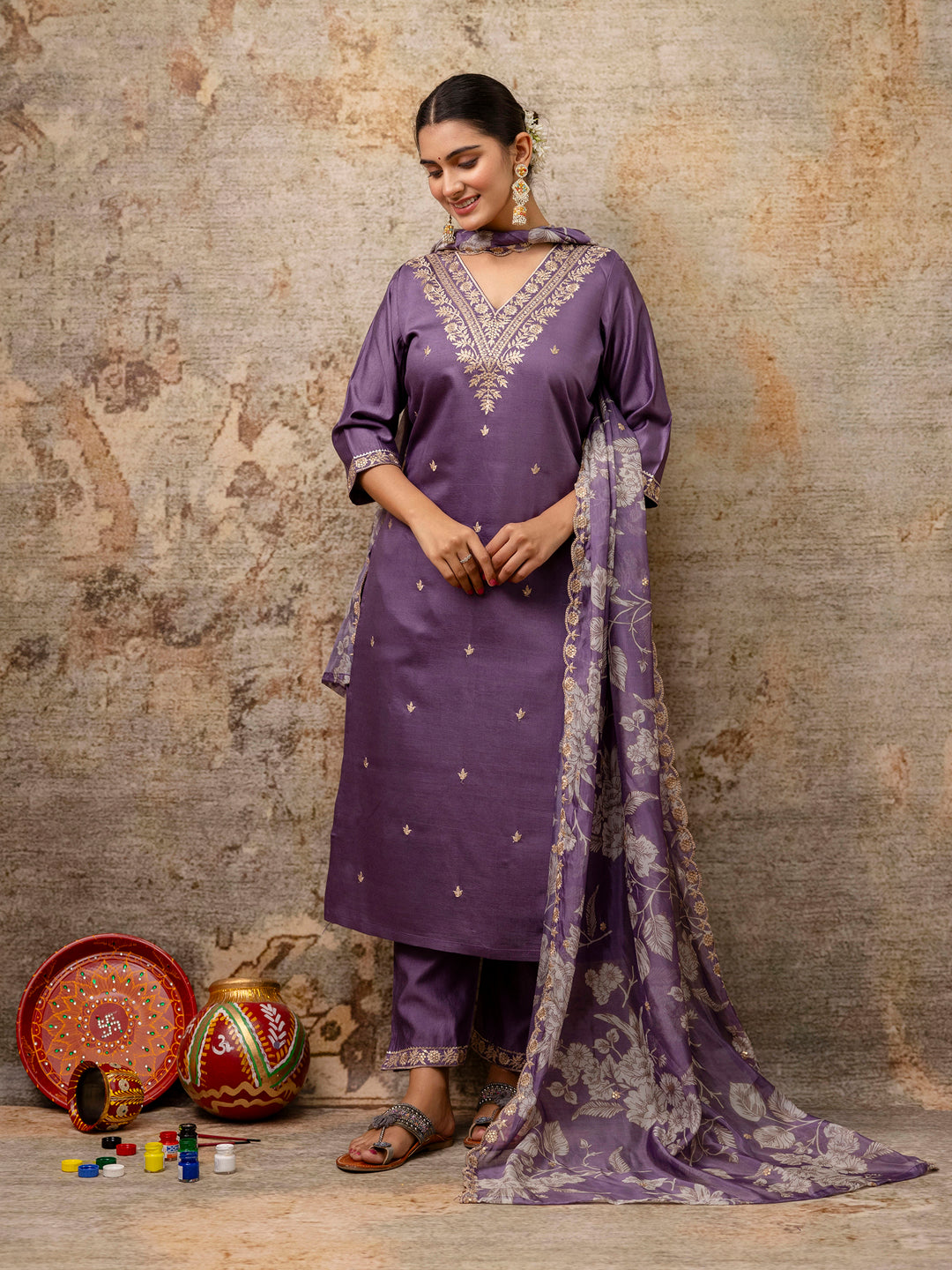 VredeVogel Silk Blend Straight Kurta Set with Printed Organza Dupatta