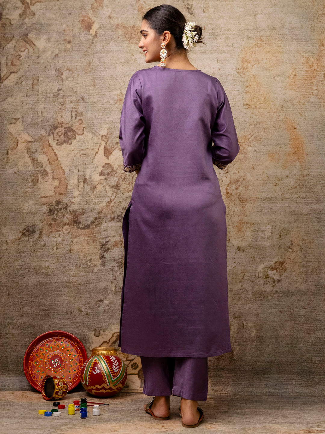 VredeVogel Silk Blend Straight Kurta Set with Printed Organza Dupatta