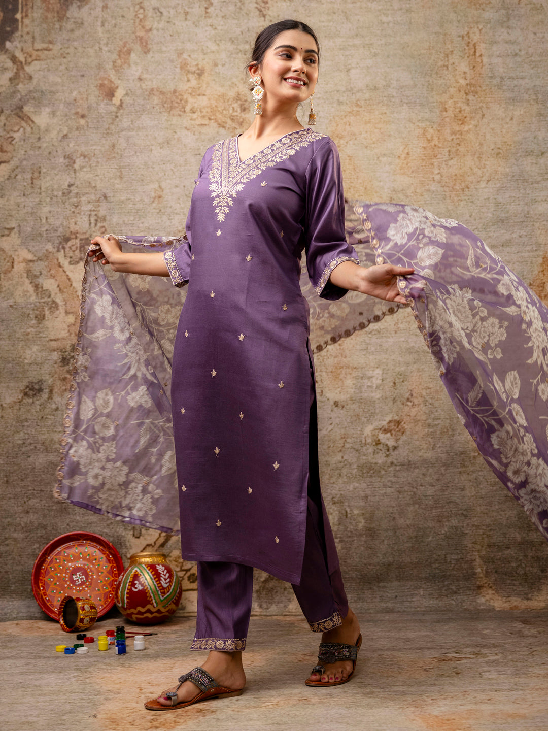 VredeVogel Silk Blend Straight Kurta Set with Printed Organza Dupatta