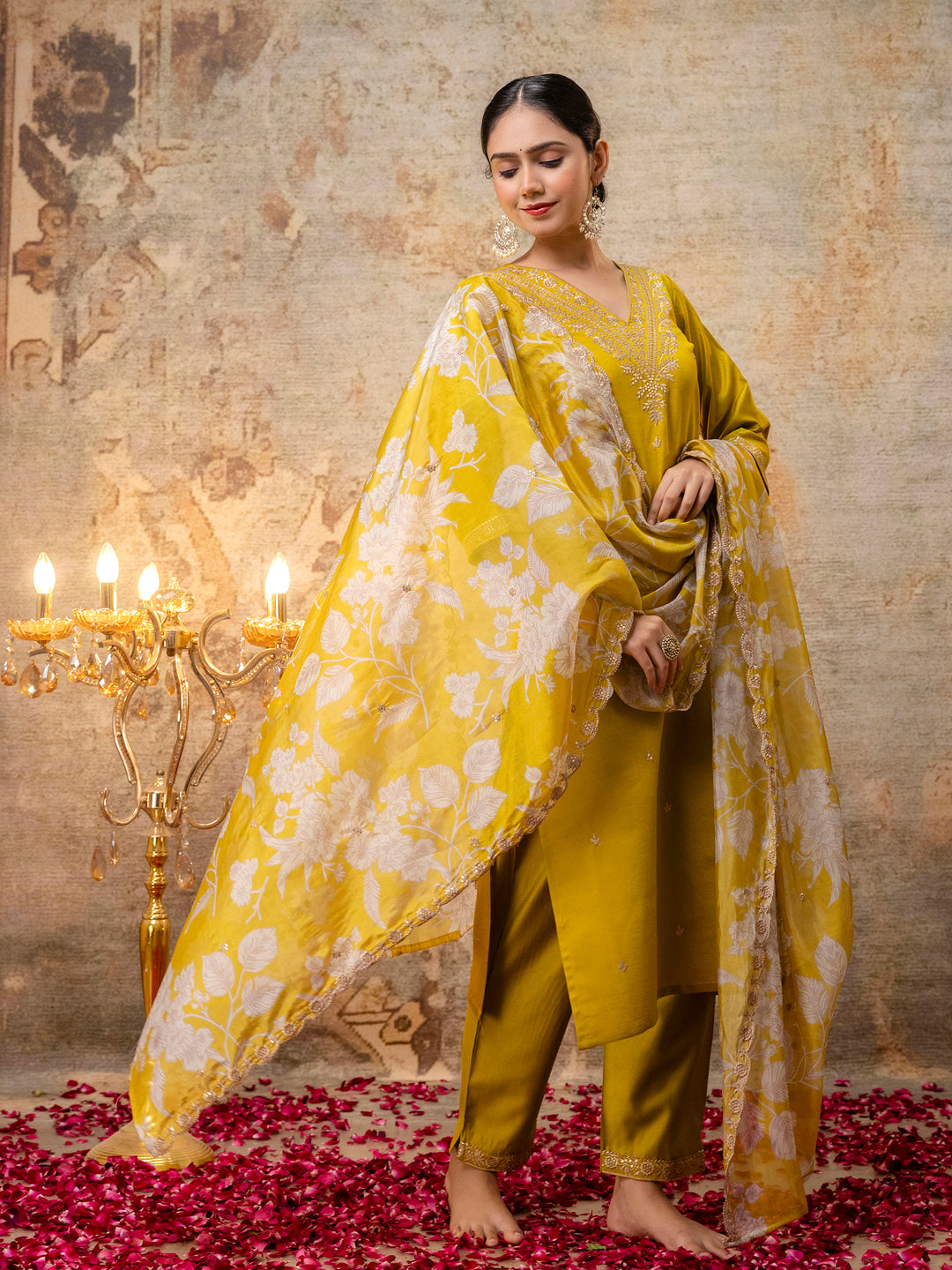 VredeVogel Silk Blend Straight Kurta Set with Printed Organza Dupatta