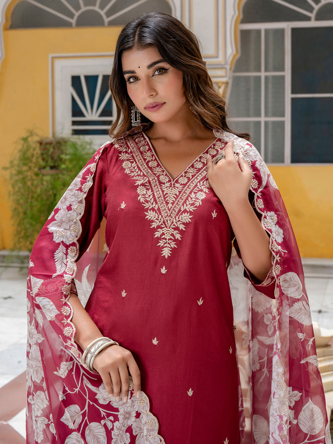 VredeVogel Silk Blend Straight Kurta Set with Printed Organza Dupatta