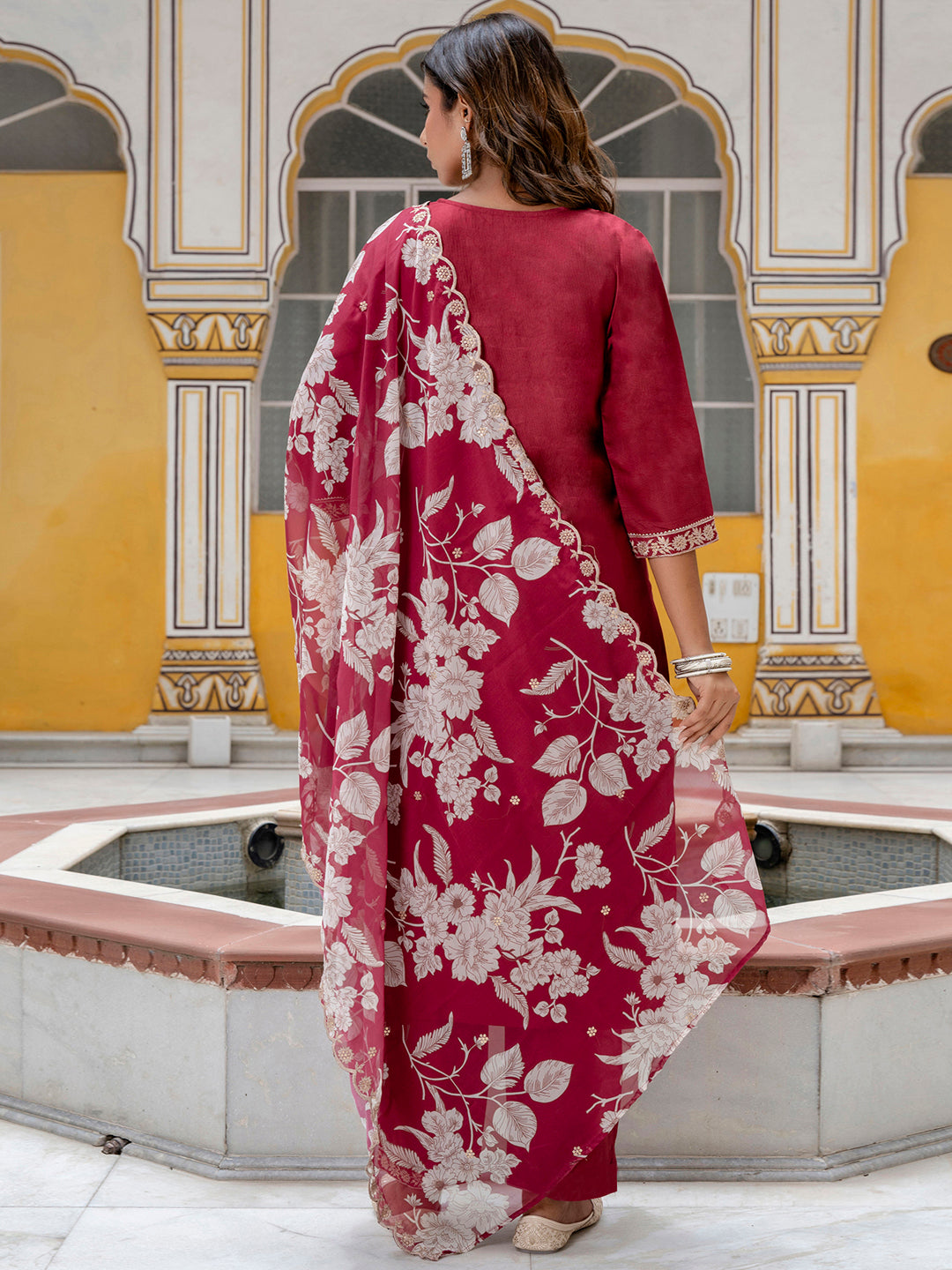 VredeVogel Silk Blend Straight Kurta Set with Printed Organza Dupatta