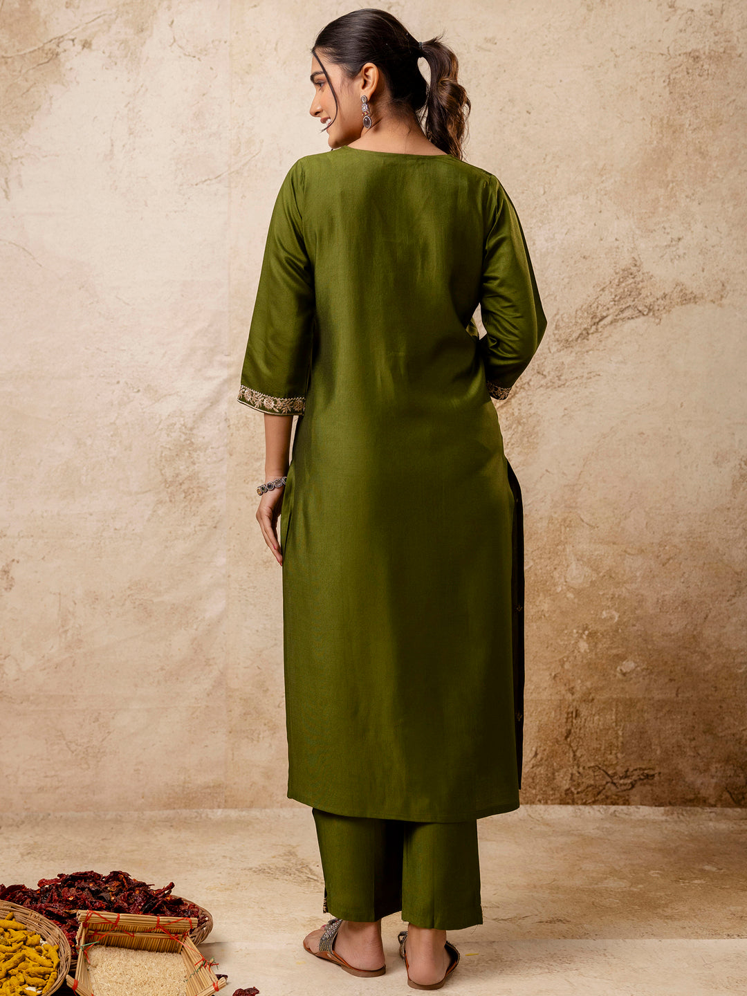 VredeVogel Silk Blend Straight Kurta Set with Printed Organza Dupatta