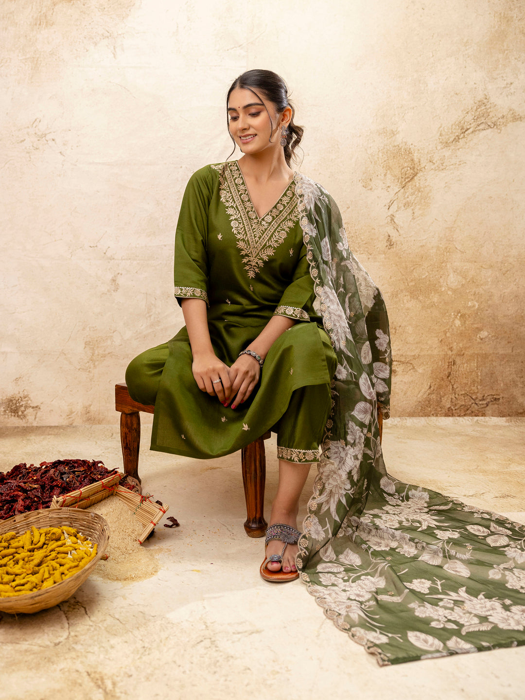 VredeVogel Silk Blend Straight Kurta Set with Printed Organza Dupatta