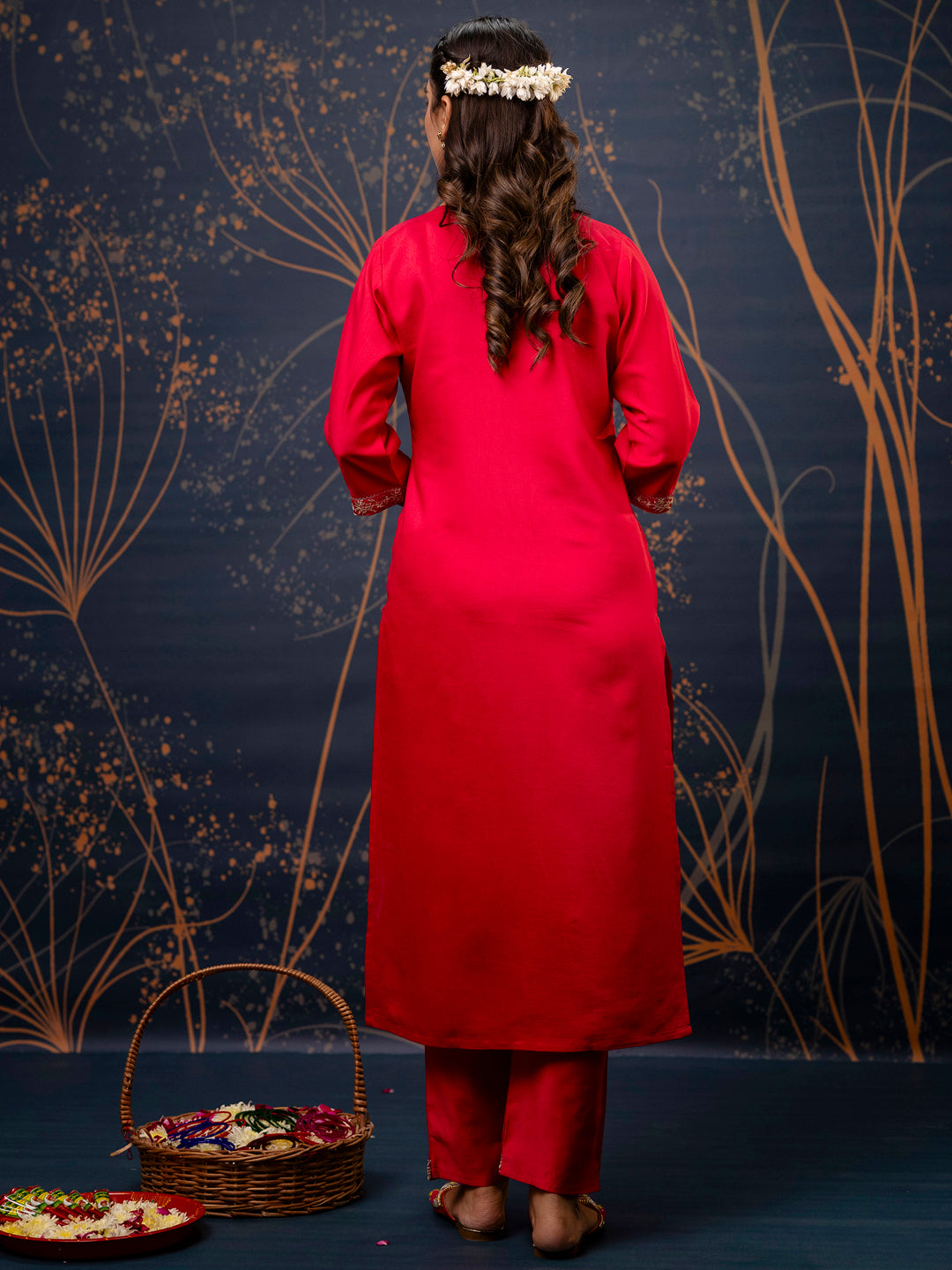VredeVogel Silk Blend Straight Kurta Set with Printed Organza Dupatta