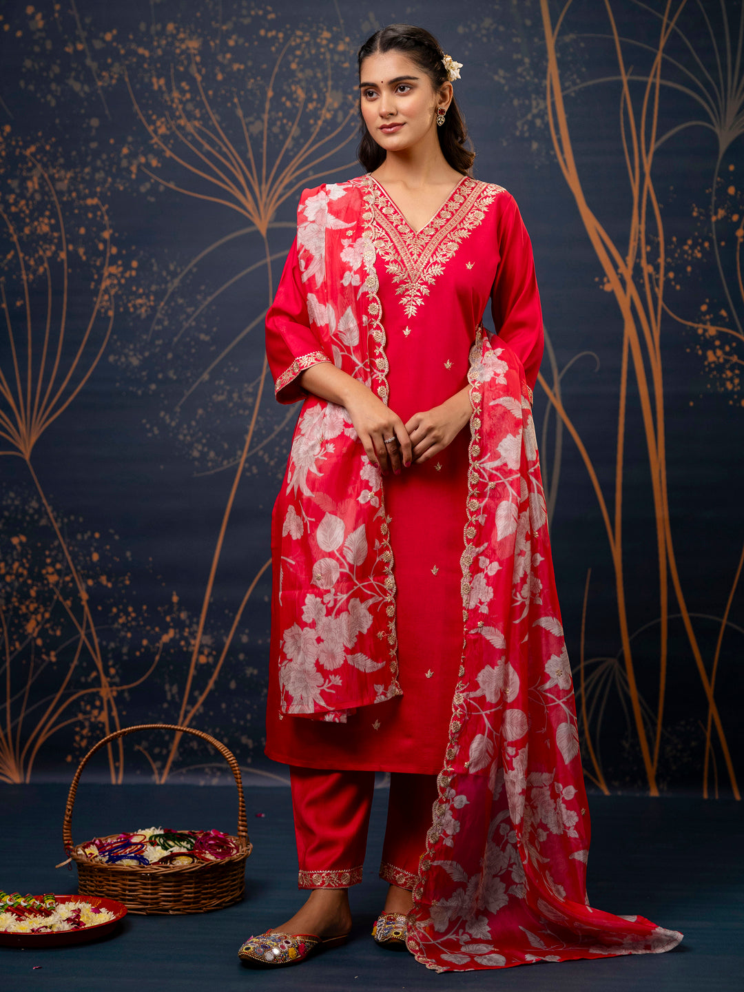 VredeVogel Silk Blend Straight Kurta Set with Printed Organza Dupatta