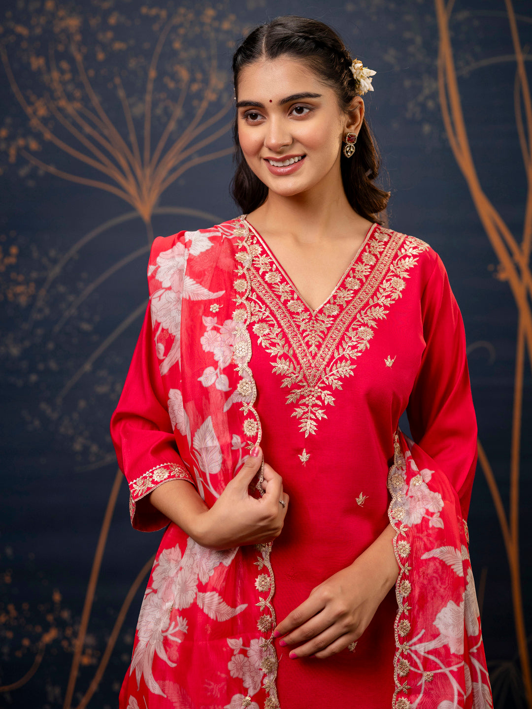 VredeVogel Silk Blend Straight Kurta Set with Printed Organza Dupatta