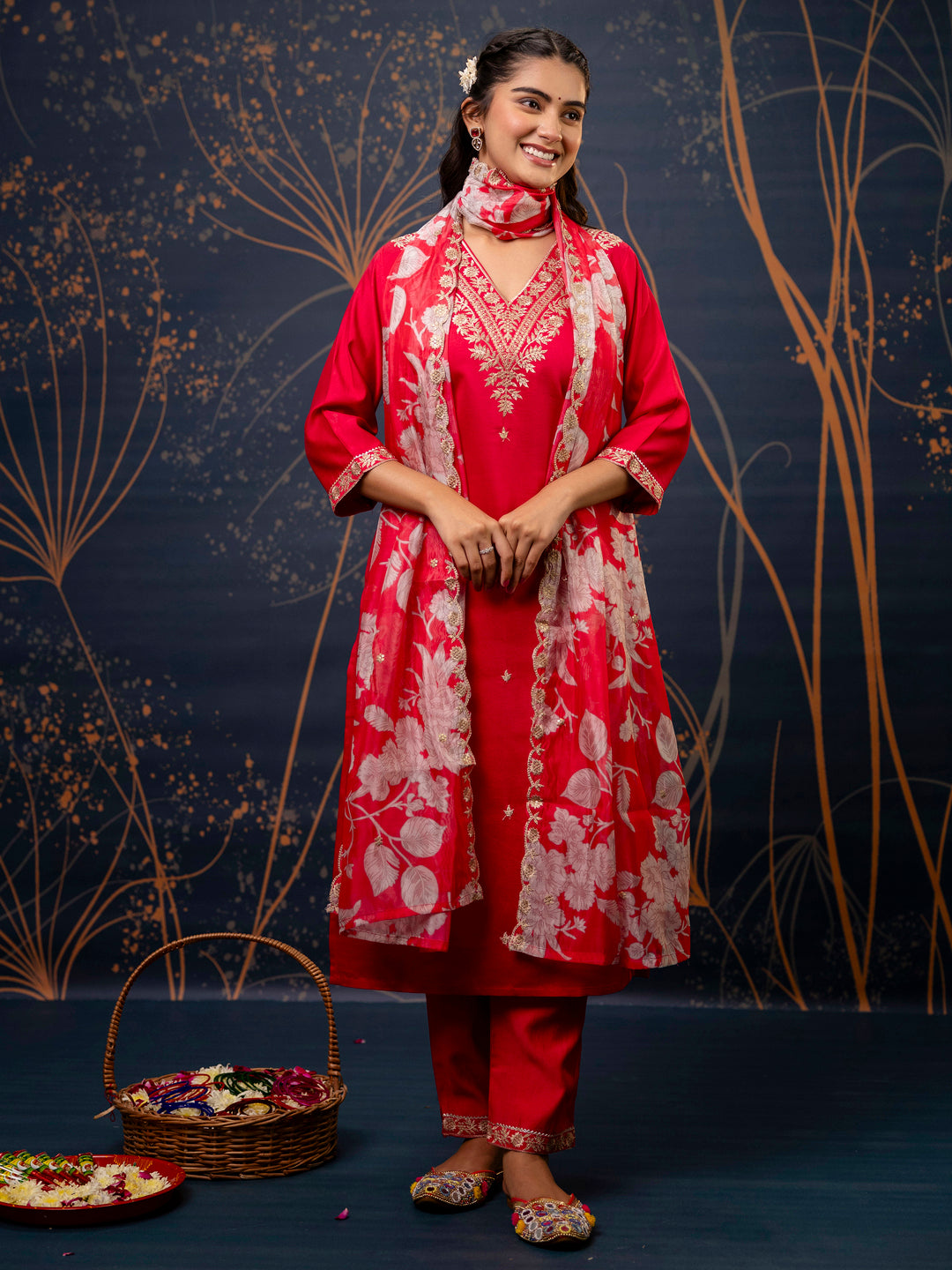 VredeVogel Silk Blend Straight Kurta Set with Printed Organza Dupatta