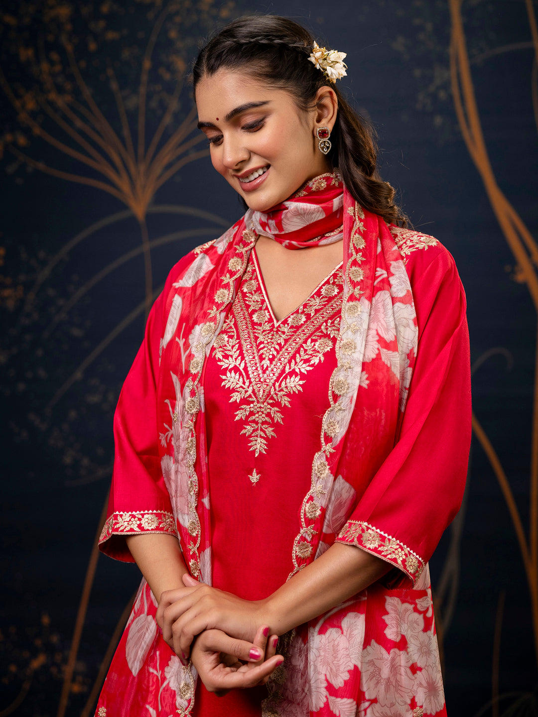 VredeVogel Silk Blend Straight Kurta Set with Printed Organza Dupatta