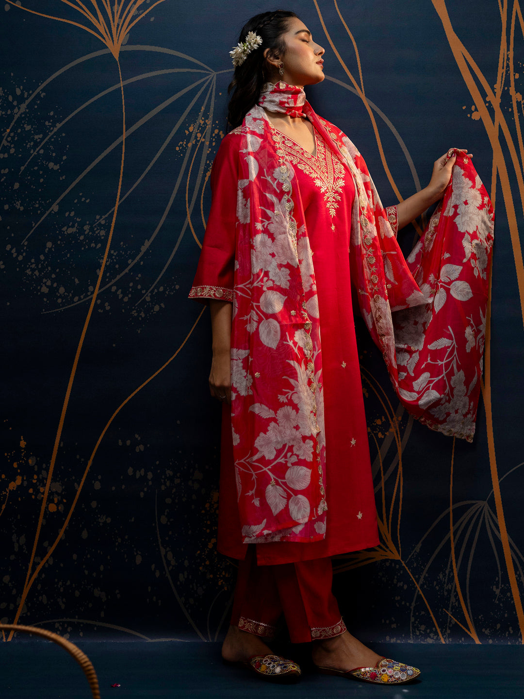VredeVogel Silk Blend Straight Kurta Set with Printed Organza Dupatta