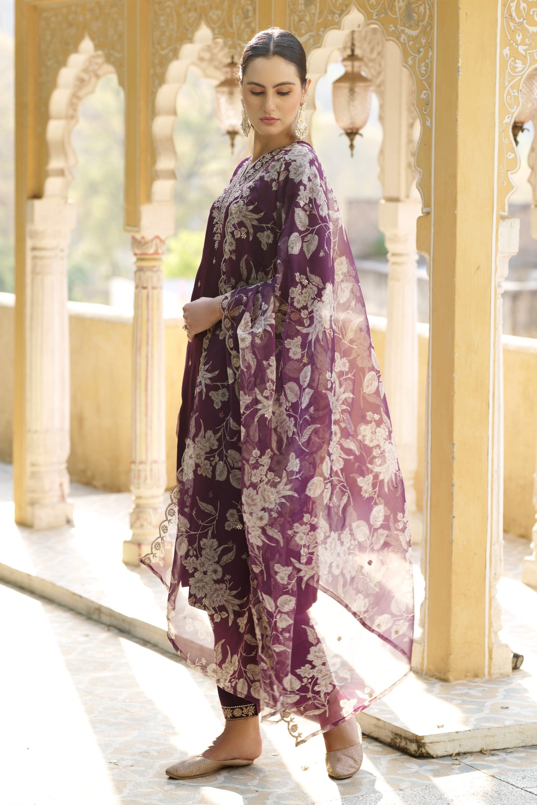 VredeVogel Silk Blend Straight Kurta Set with Printed Organza Dupatta