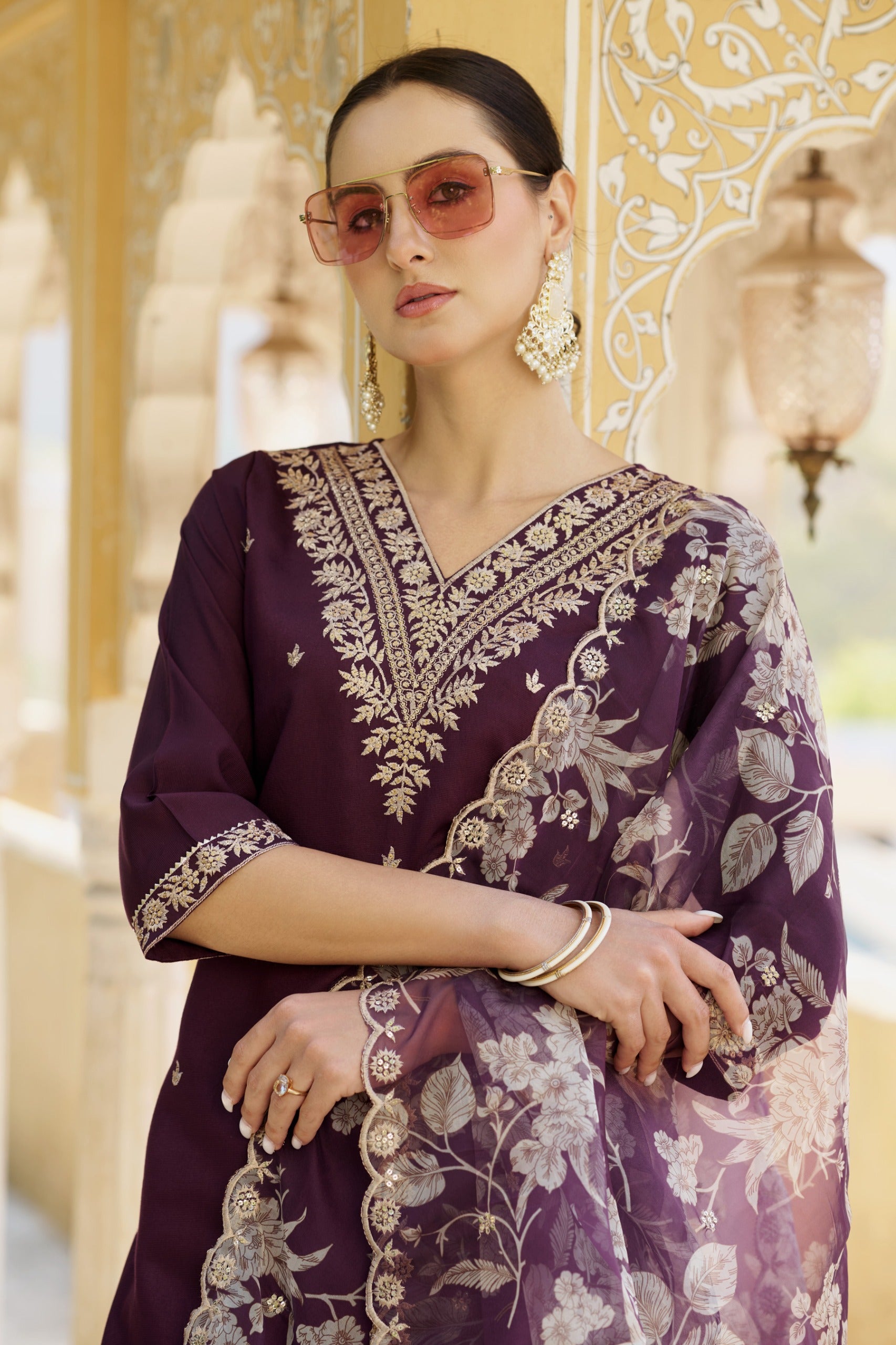 VredeVogel Silk Blend Straight Kurta Set with Printed Organza Dupatta