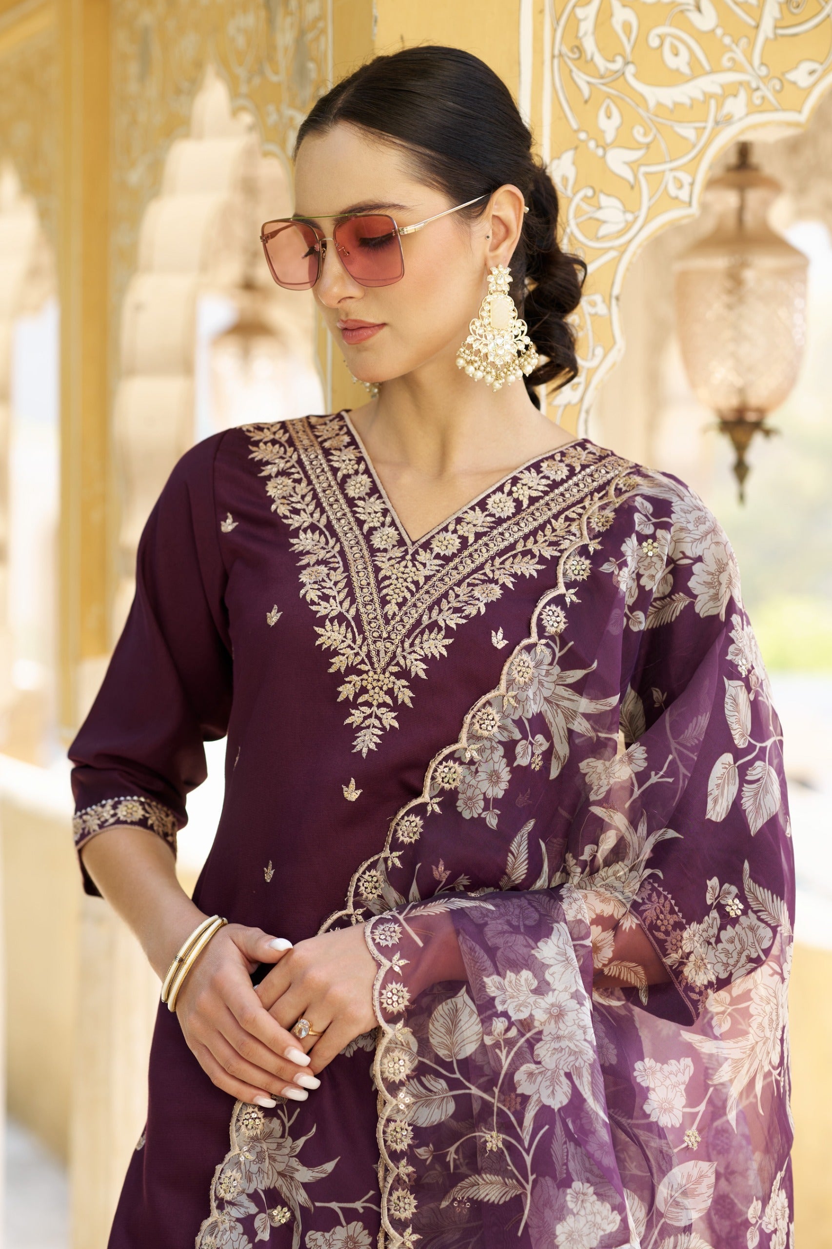 VredeVogel Silk Blend Straight Kurta Set with Printed Organza Dupatta