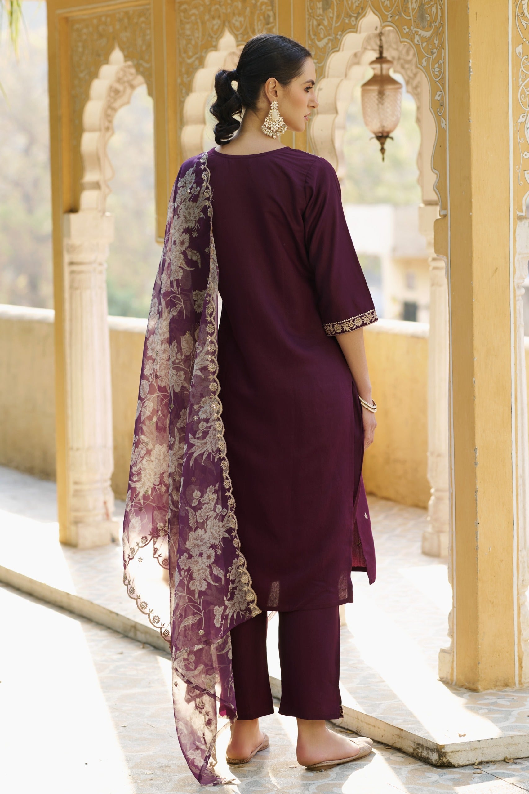 VredeVogel Silk Blend Straight Kurta Set with Printed Organza Dupatta