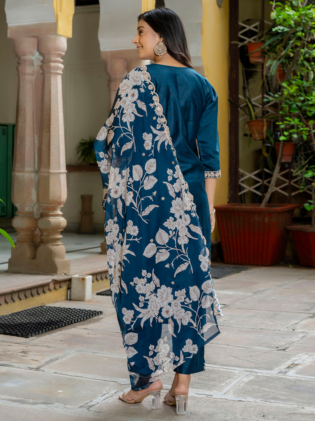 VredeVogel Silk Blend Straight Kurta Set with Printed Organza Dupatta