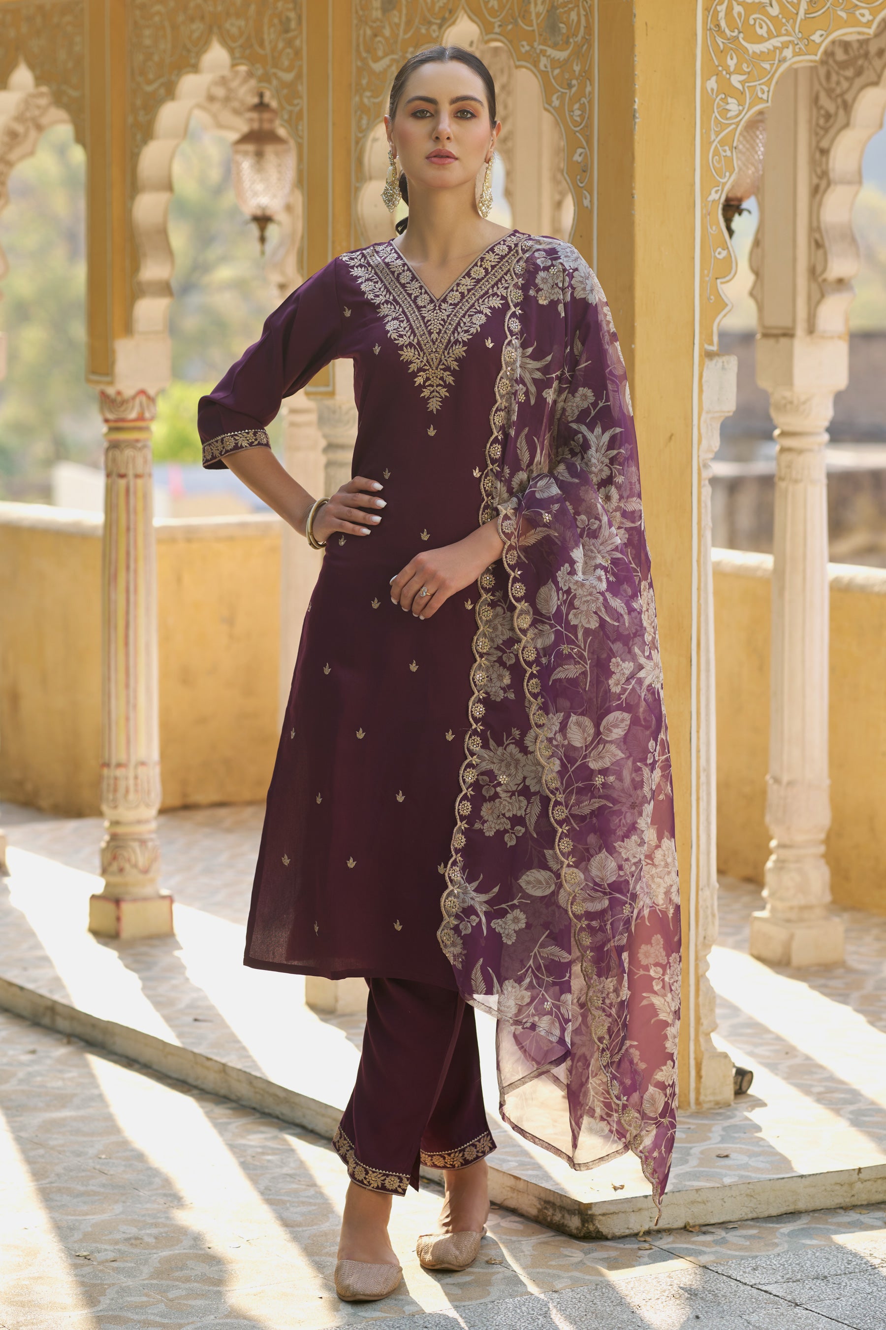 VredeVogel Silk Blend Straight Kurta Set with Printed Organza Dupatta