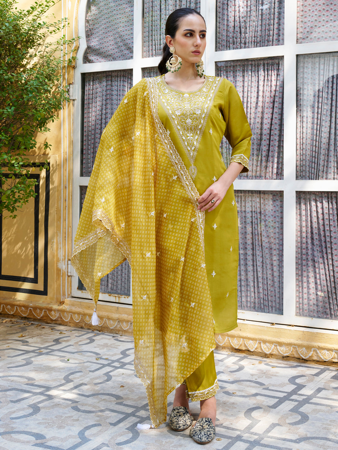 Tashi Mustard Embroidered Silk Blend Straight Suit With Dupatta