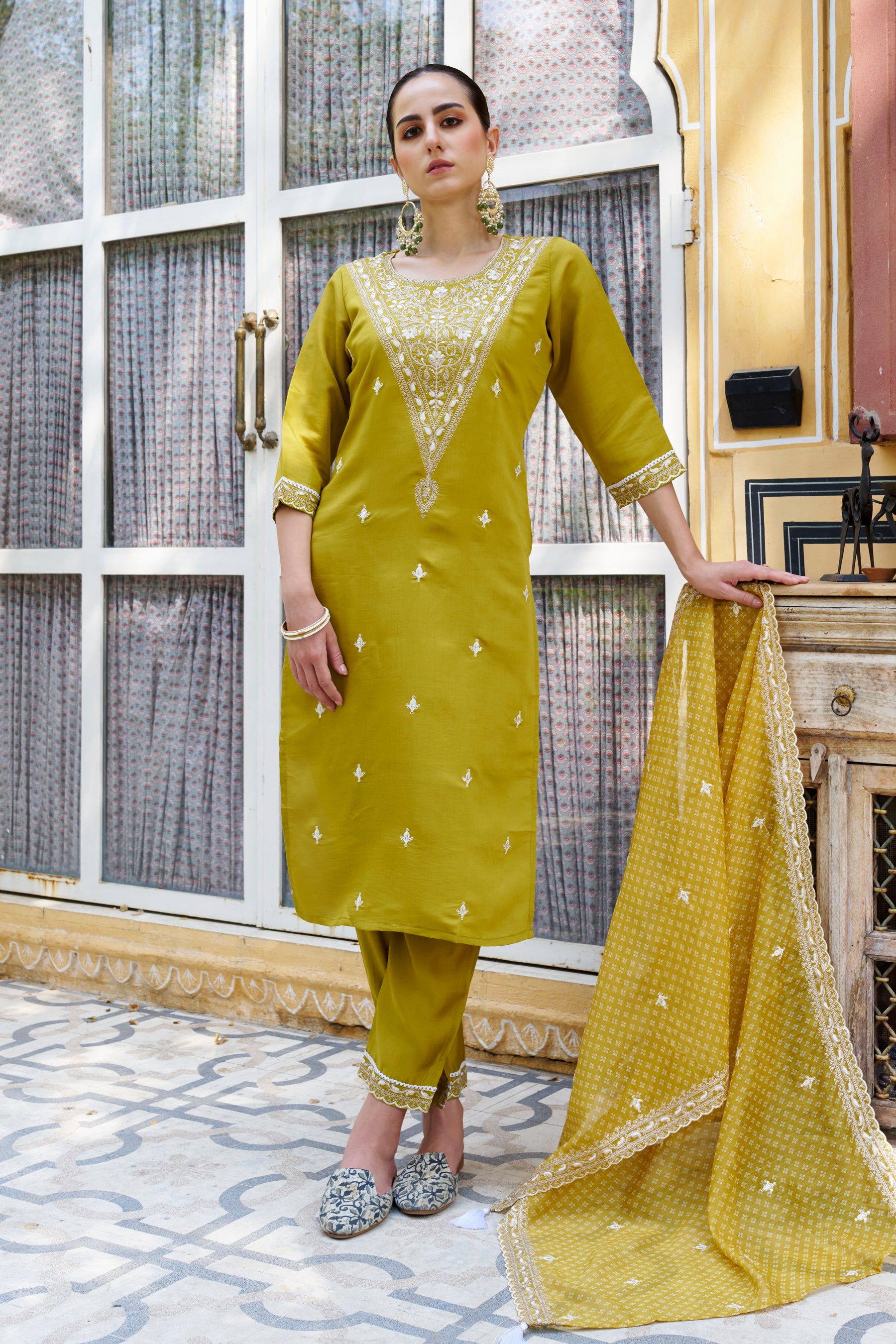 Tashi Mustard Embroidered Silk Blend Straight Suit With Dupatta