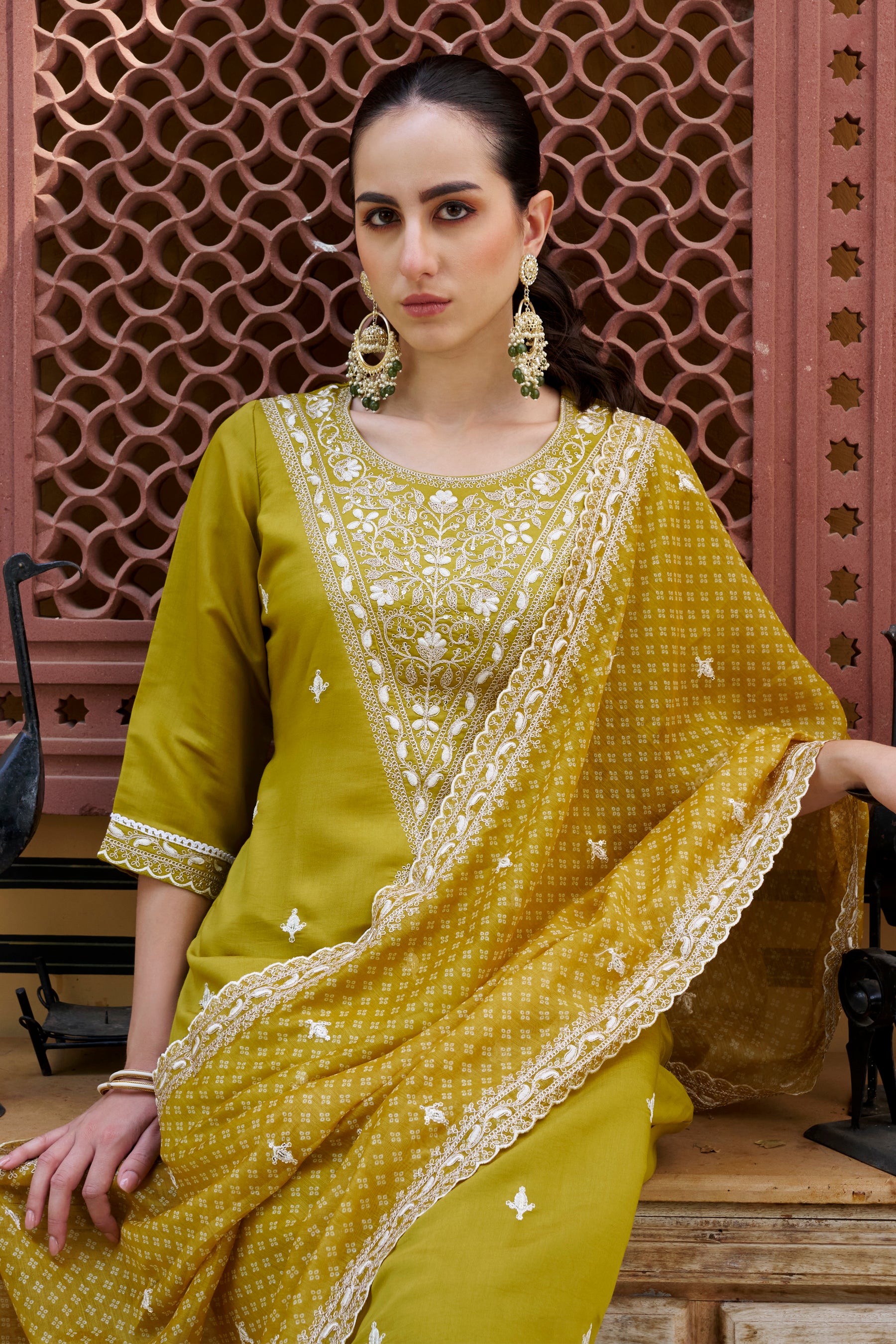 Tashi Mustard Embroidered Silk Blend Straight Suit With Dupatta