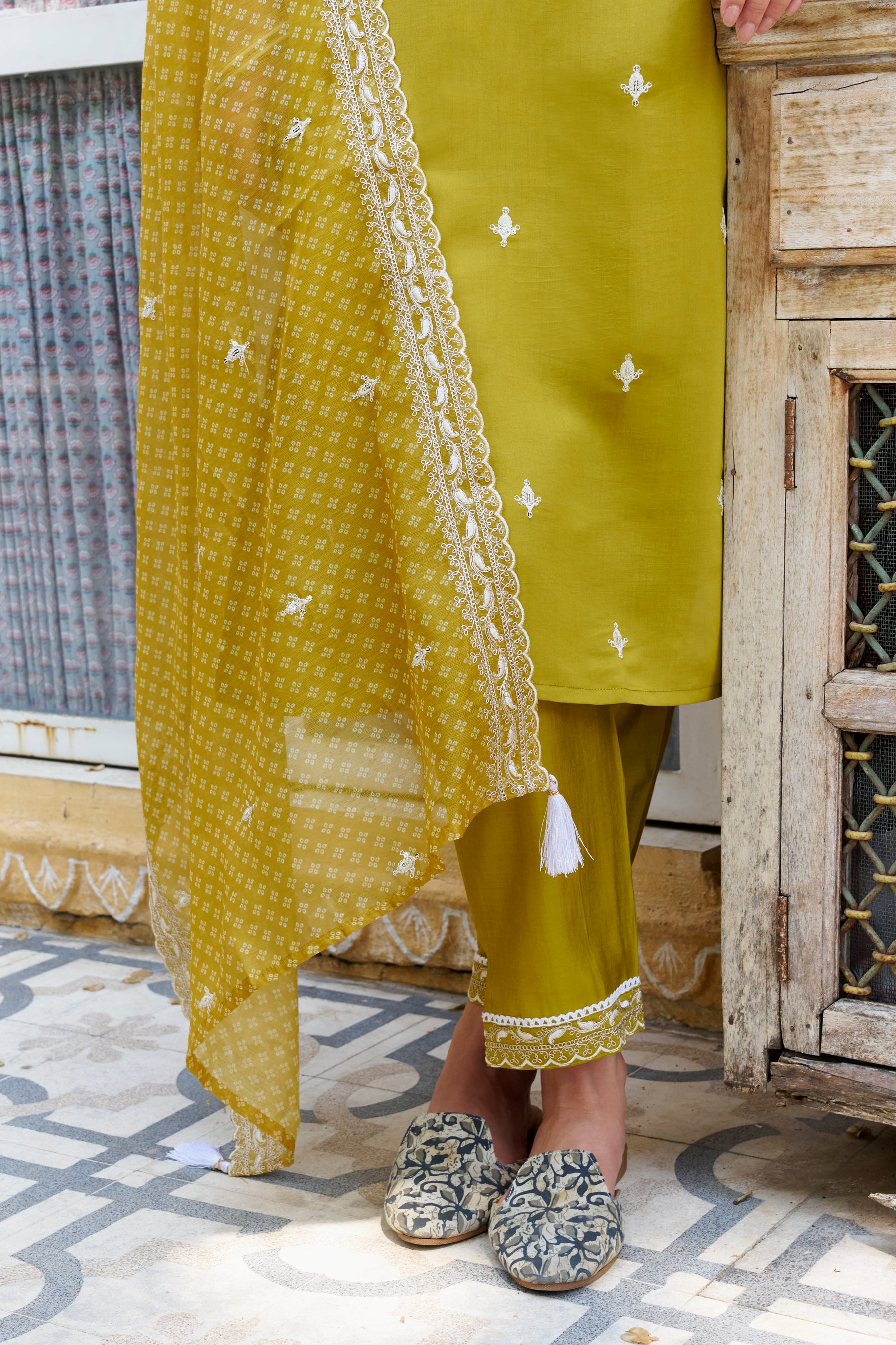 Tashi Mustard Embroidered Silk Blend Straight Suit With Dupatta