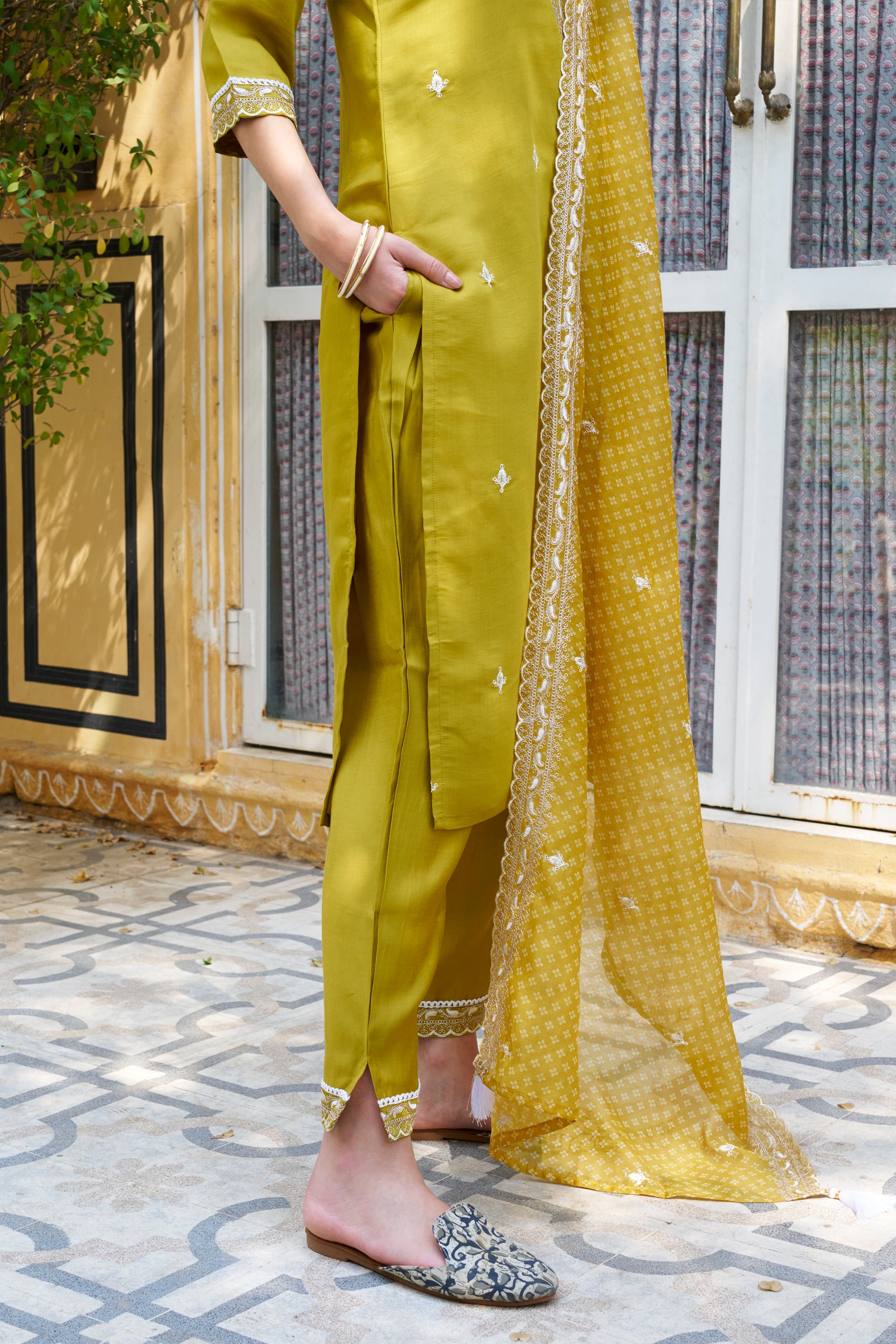 Tashi Mustard Embroidered Silk Blend Straight Suit With Dupatta