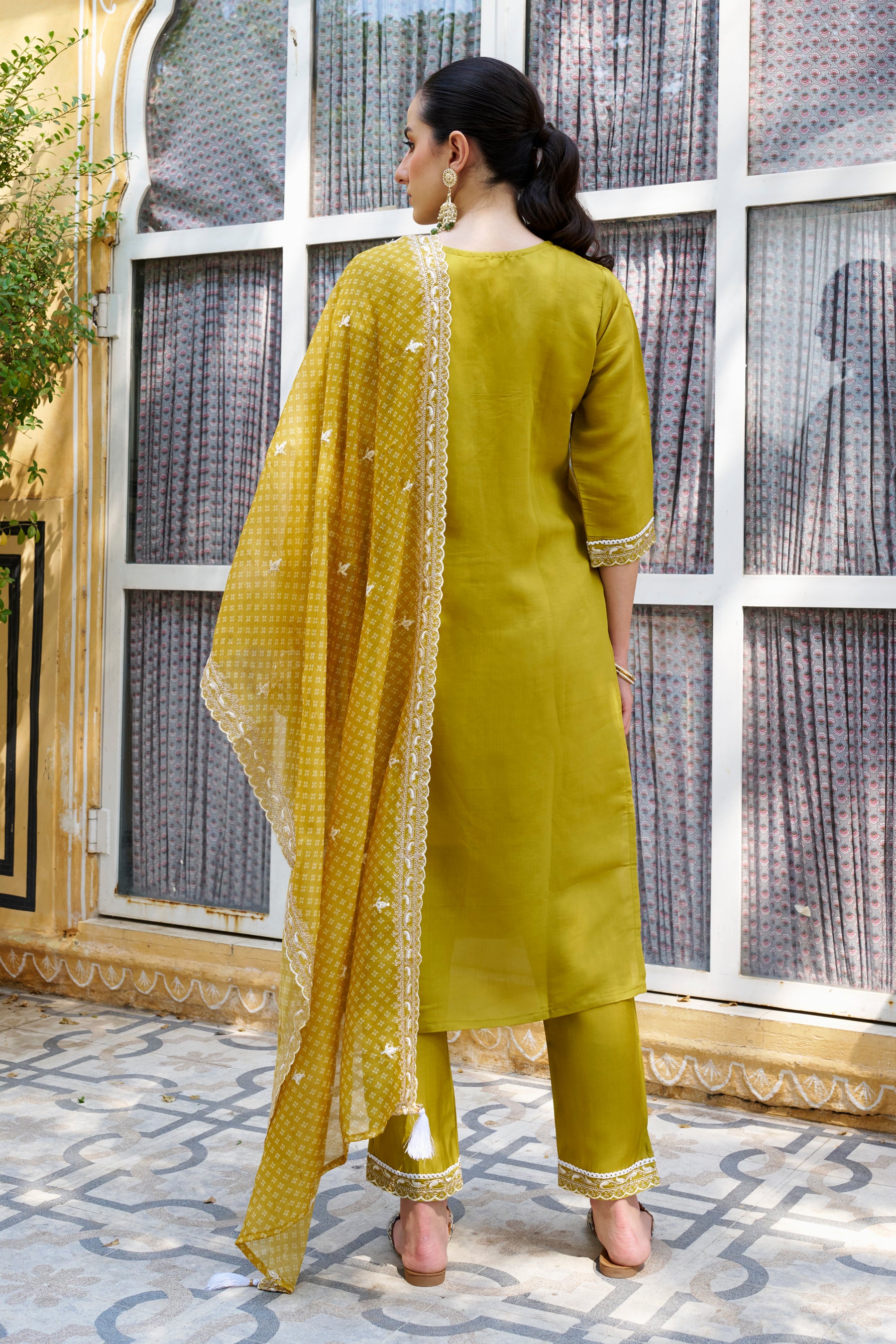 Tashi Mustard Embroidered Silk Blend Straight Suit With Dupatta
