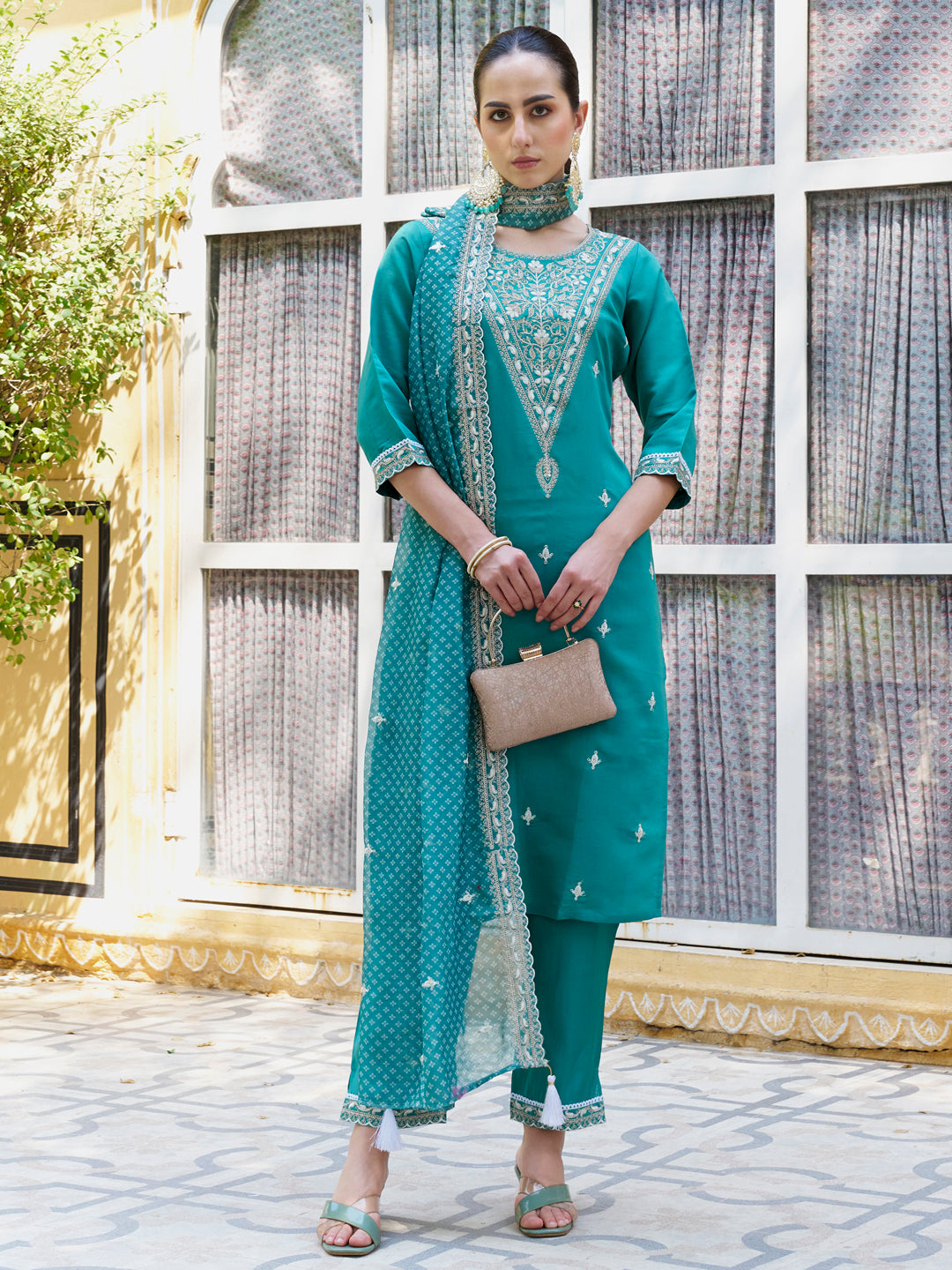 Tashi Teal Embroidered Silk Blend Straight Suit With Dupatta