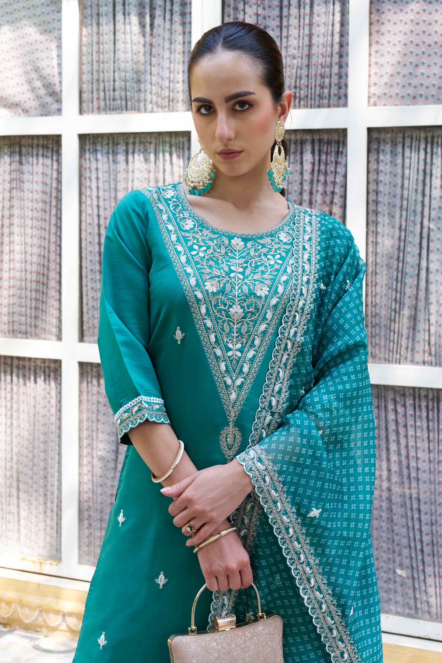 Tashi Teal Embroidered Silk Blend Straight Suit With Dupatta