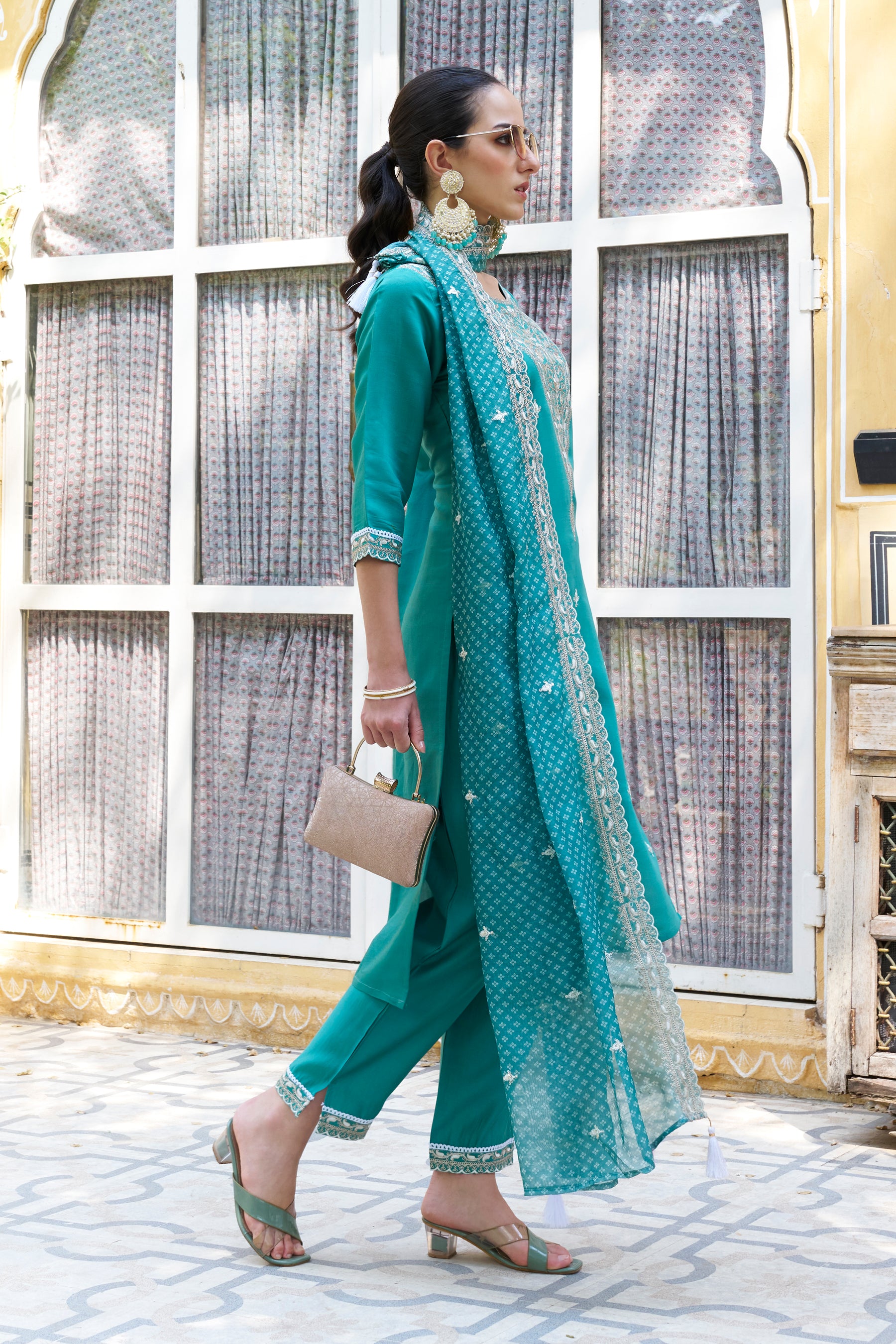 Tashi Teal Embroidered Silk Blend Straight Suit With Dupatta
