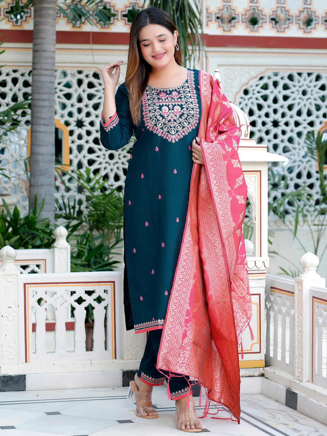 Jaganmatha Teal Silk Blend Kurta With Dupatta Set