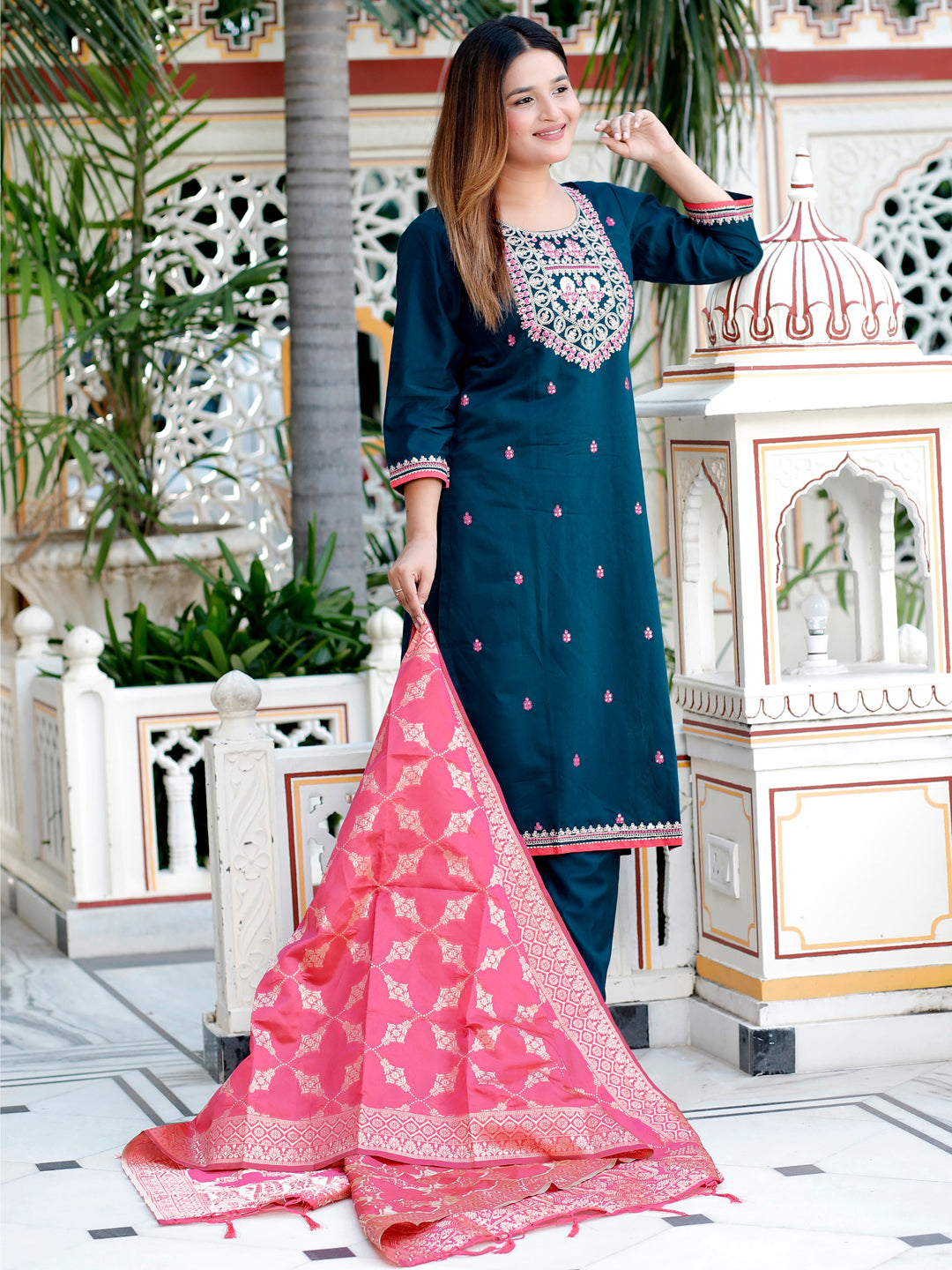 Jaganmatha Teal Silk Blend Kurta With Dupatta Set
