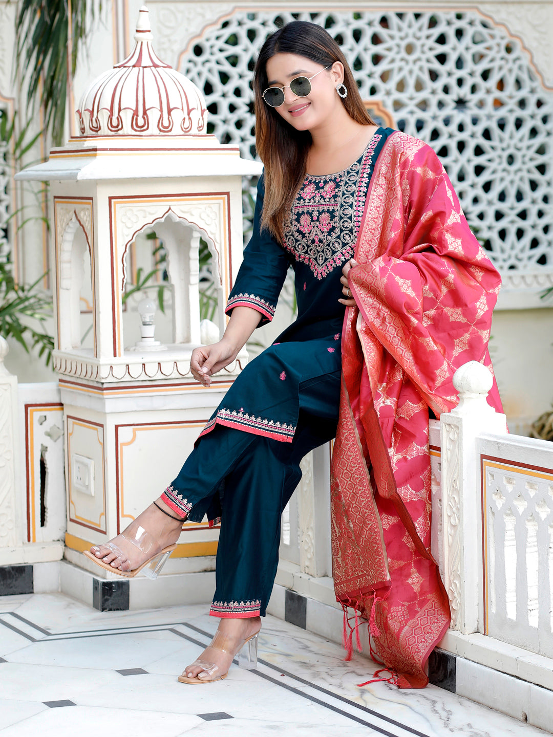 Jaganmatha Teal Silk Blend Kurta With Dupatta Set