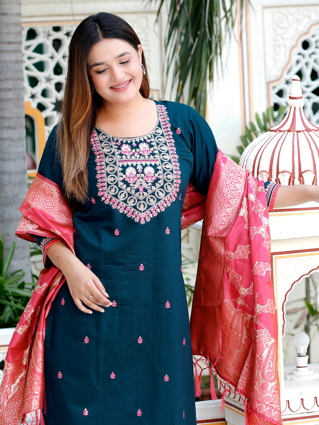 Jaganmatha Teal Silk Blend Kurta With Dupatta Set