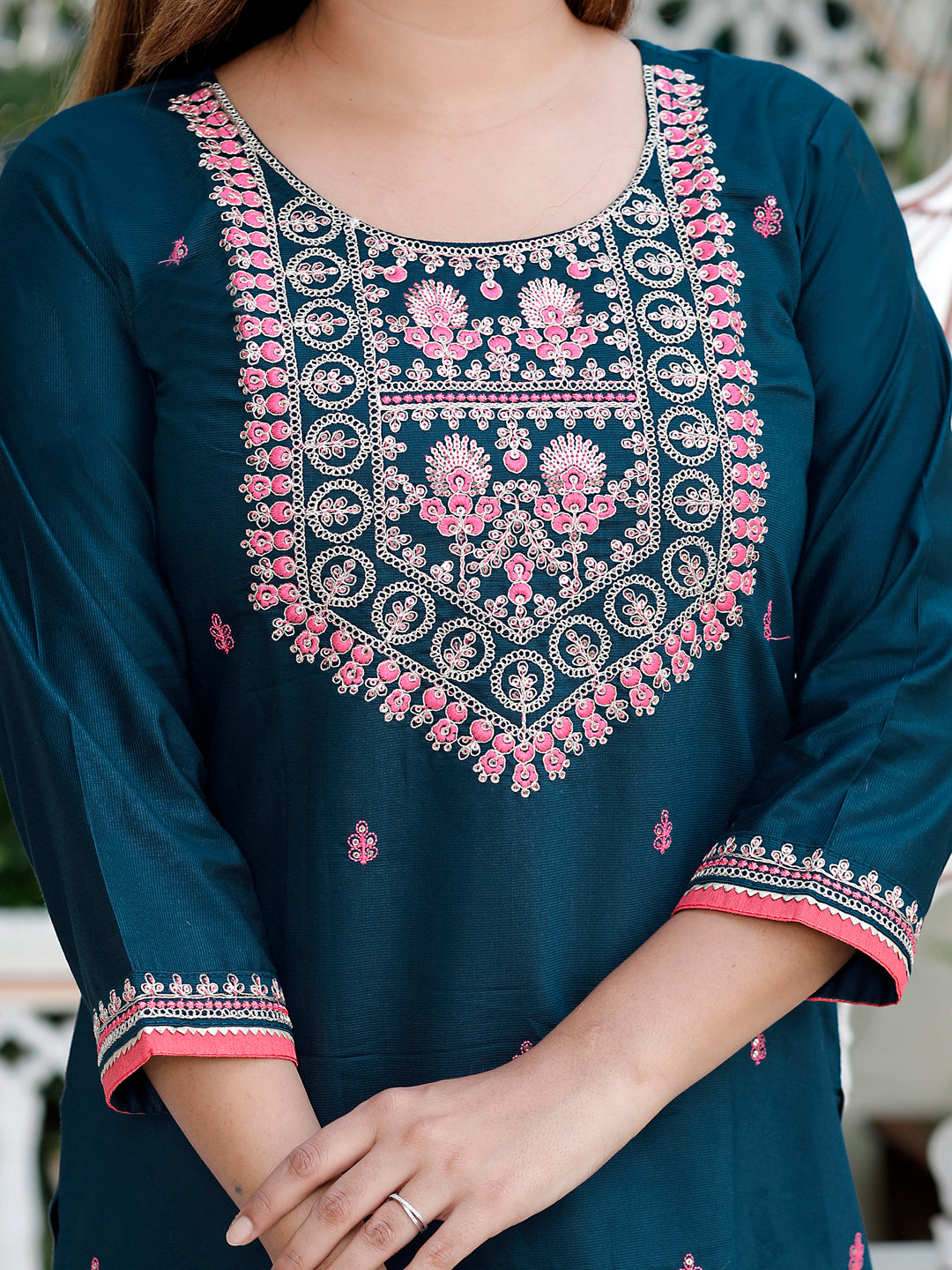 Jaganmatha Teal Silk Blend Kurta With Dupatta Set
