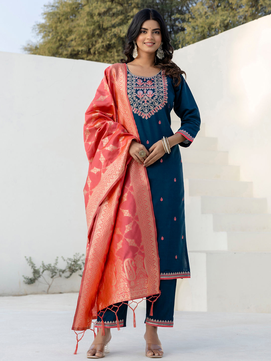 JaganmathaTeal Silk Blend Kurta With Dupatta Set