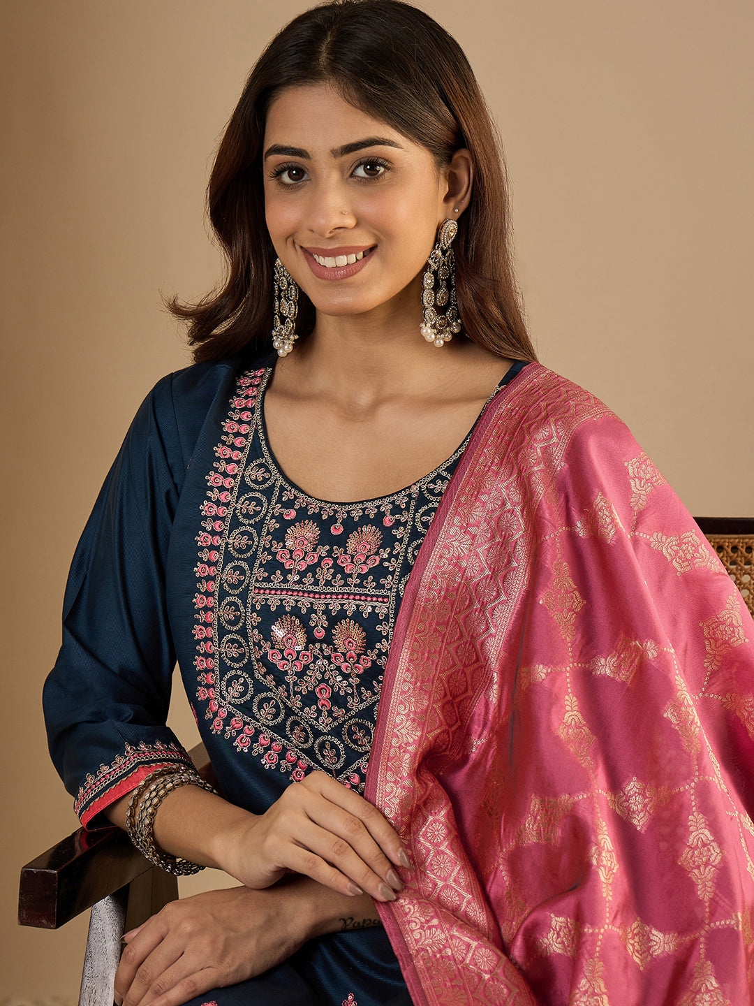 Indu Teal Silk Blend Embroidered Straight Suit Set With Dupatta