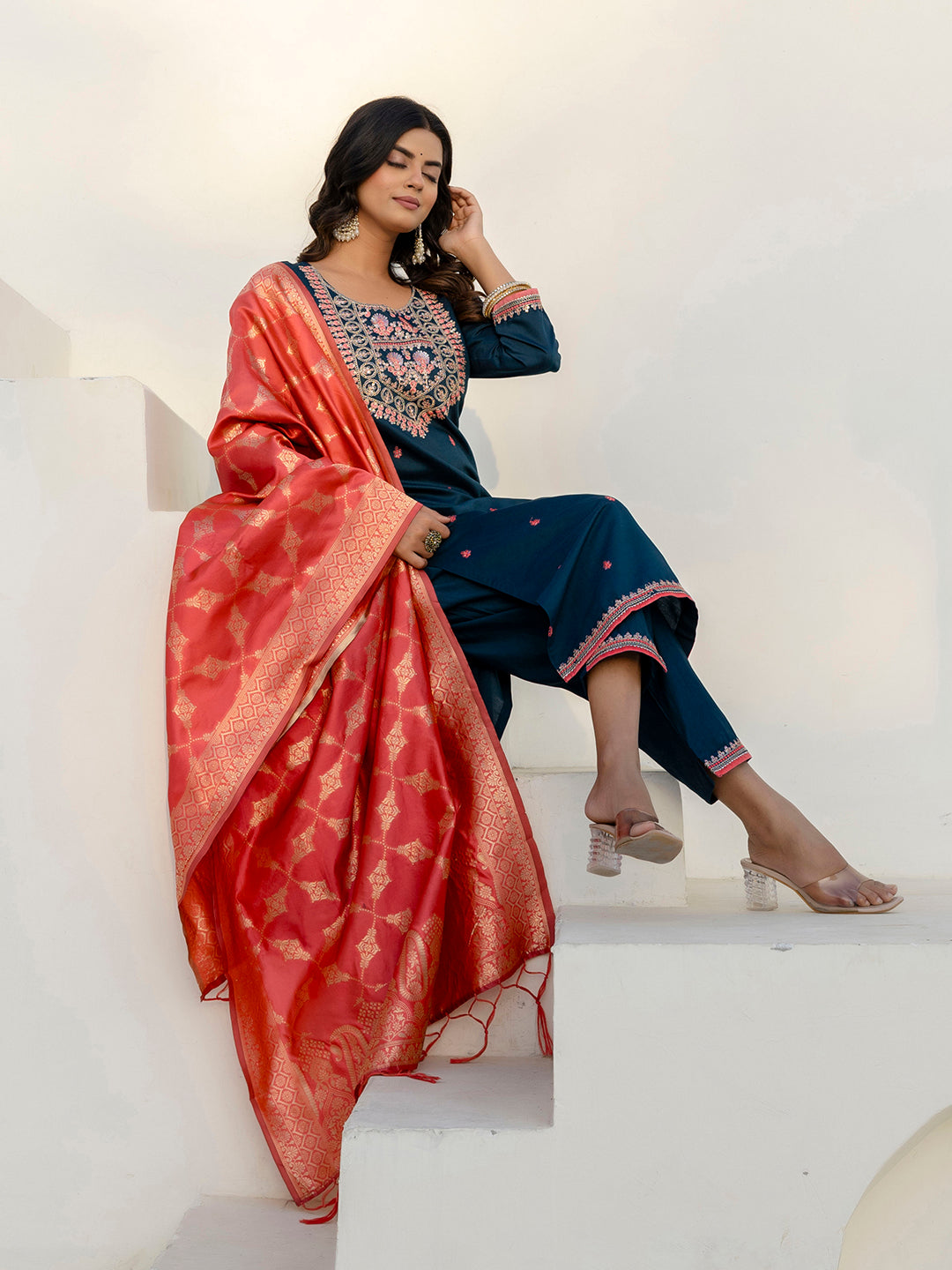 JaganmathaTeal Silk Blend Kurta With Dupatta Set