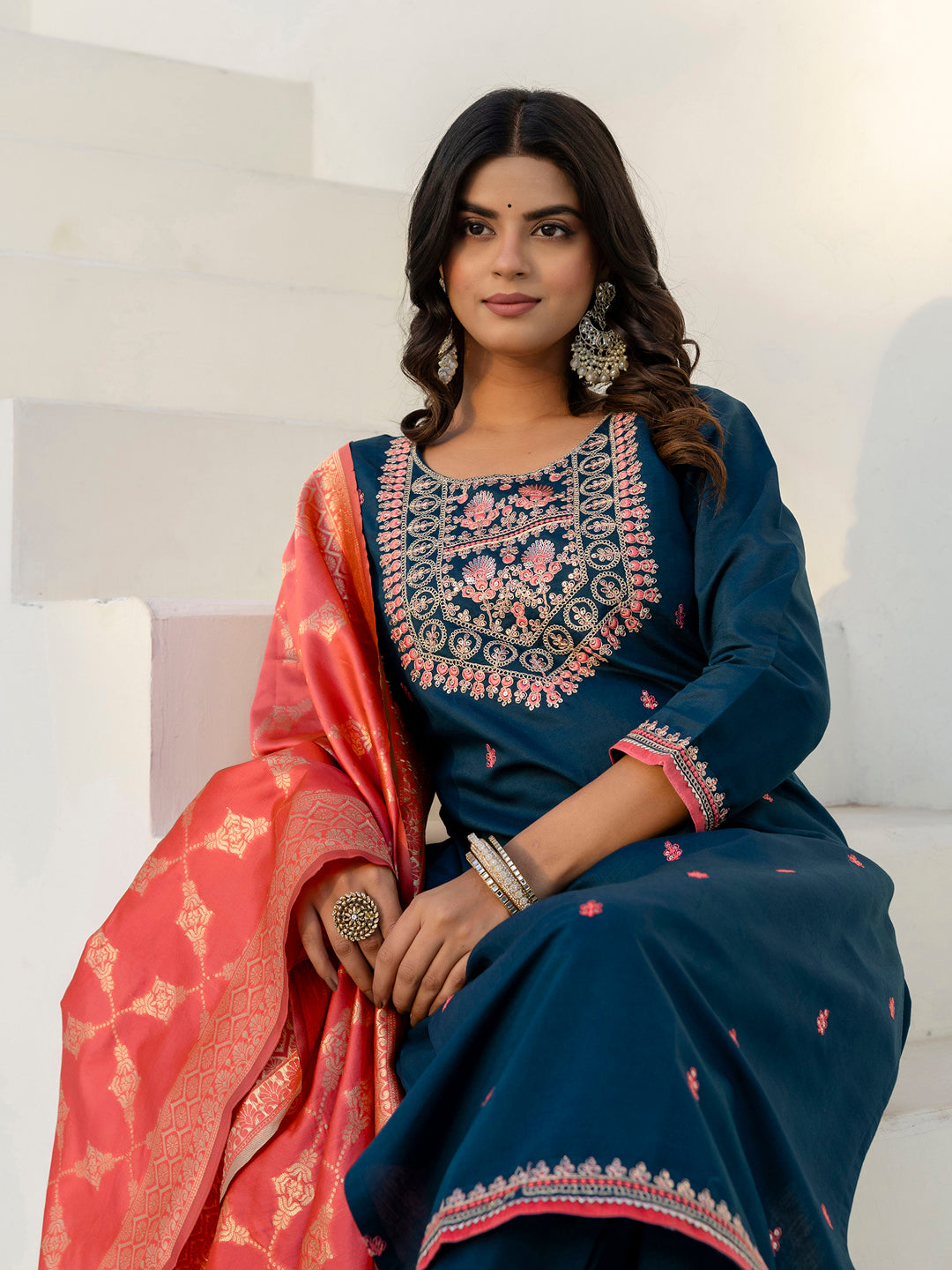 JaganmathaTeal Silk Blend Kurta With Dupatta Set