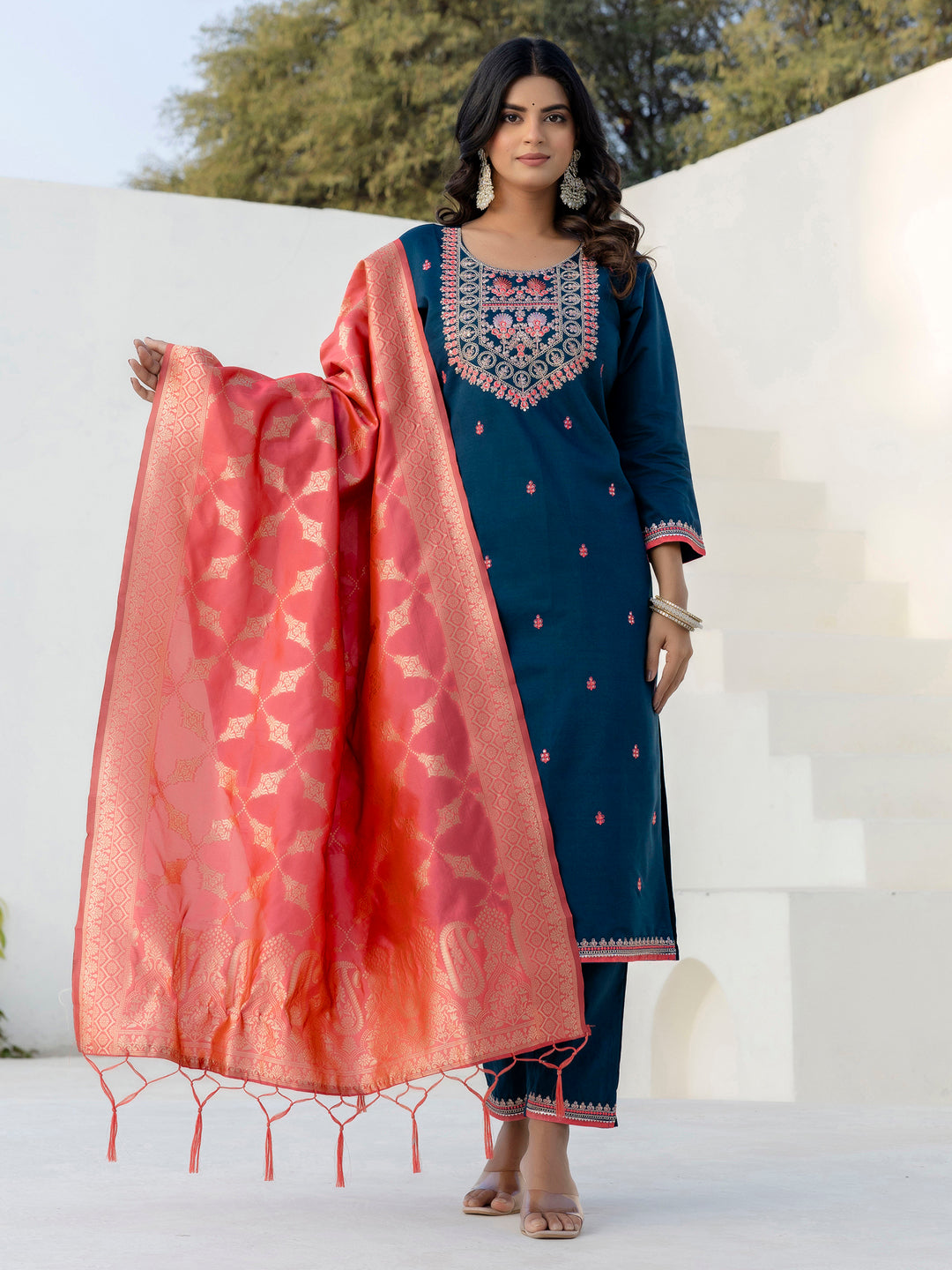 JaganmathaTeal Silk Blend Kurta With Dupatta Set
