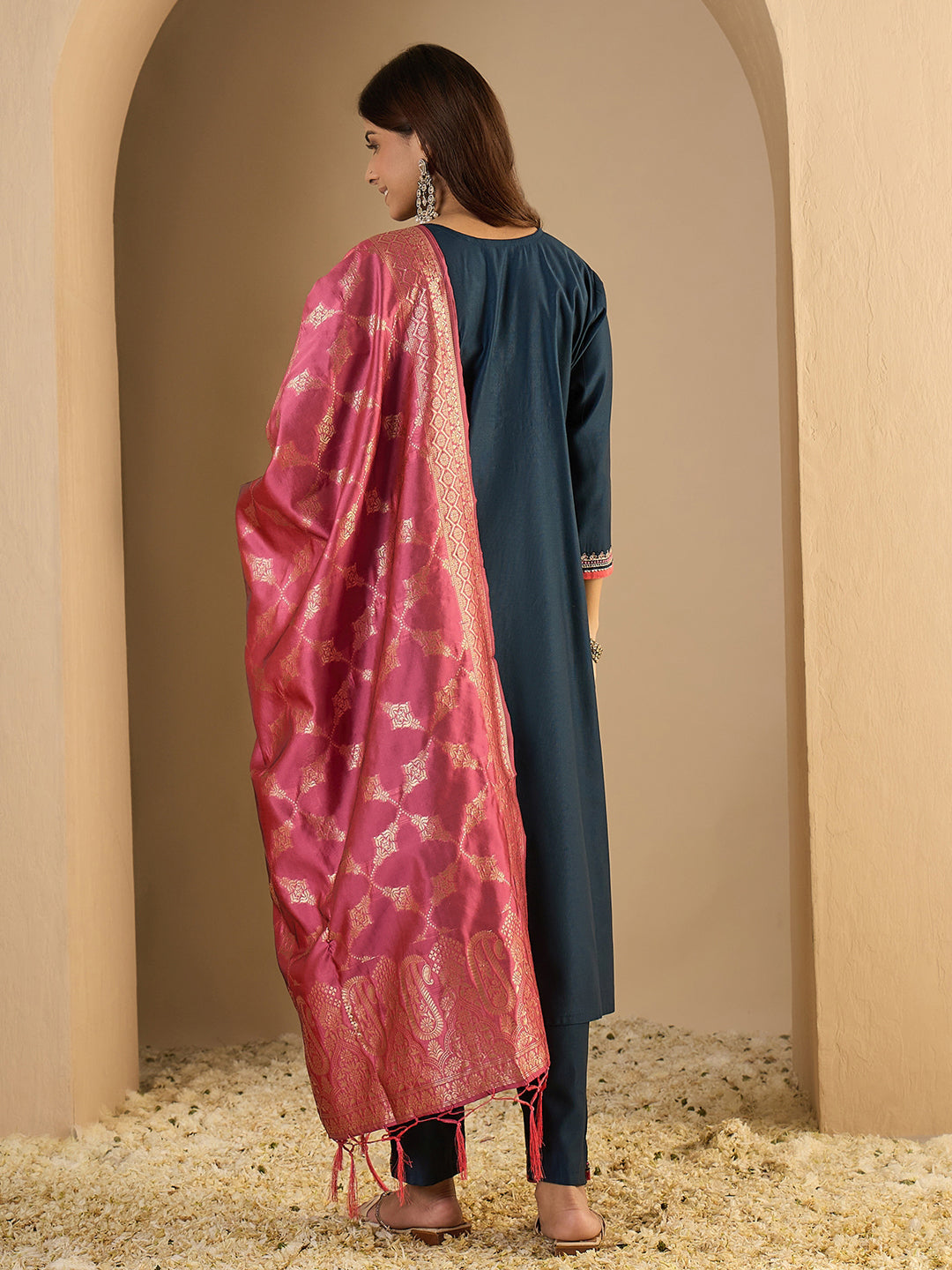 Indu Teal Silk Blend Embroidered Straight Suit Set With Dupatta