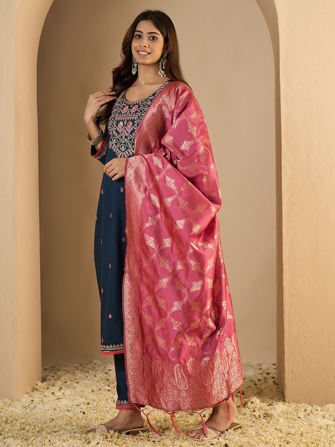 Indu Teal Silk Blend Embroidered Straight Suit Set With Dupatta