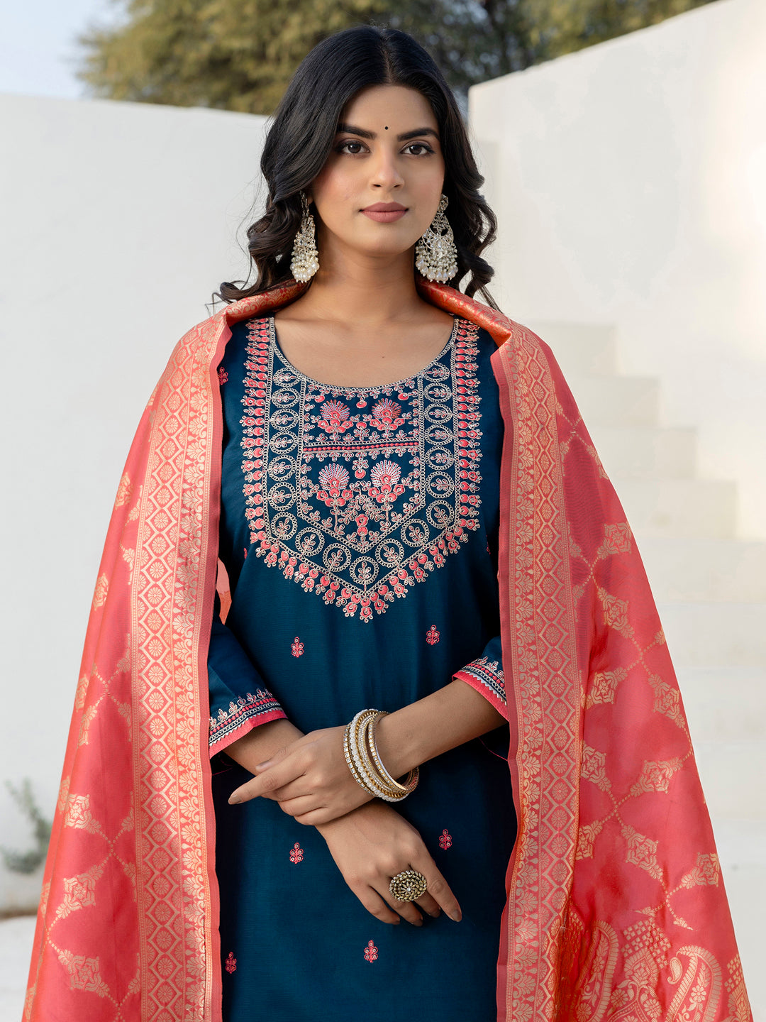 JaganmathaTeal Silk Blend Kurta With Dupatta Set