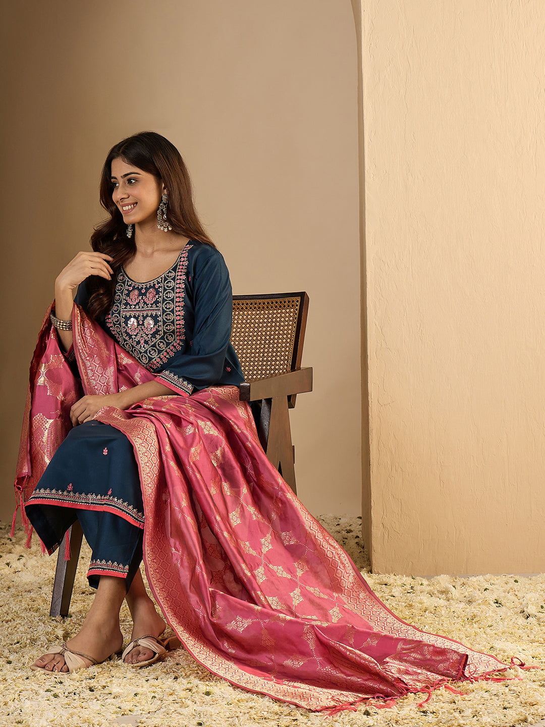 Indu Teal Silk Blend Embroidered Straight Suit Set With Dupatta