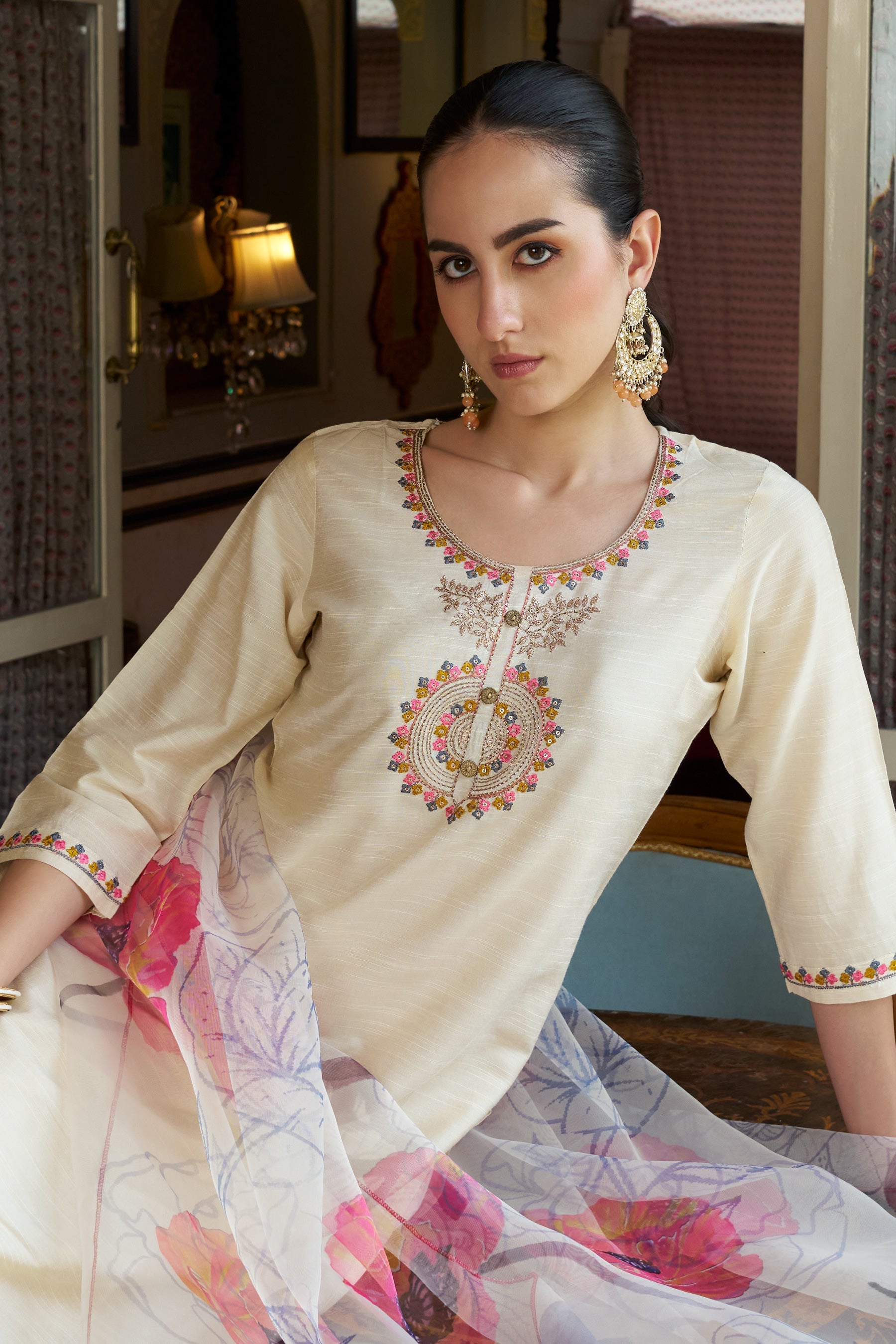 VredeVogel Women Kurta and Pant Sets Cotton Silk Fabric