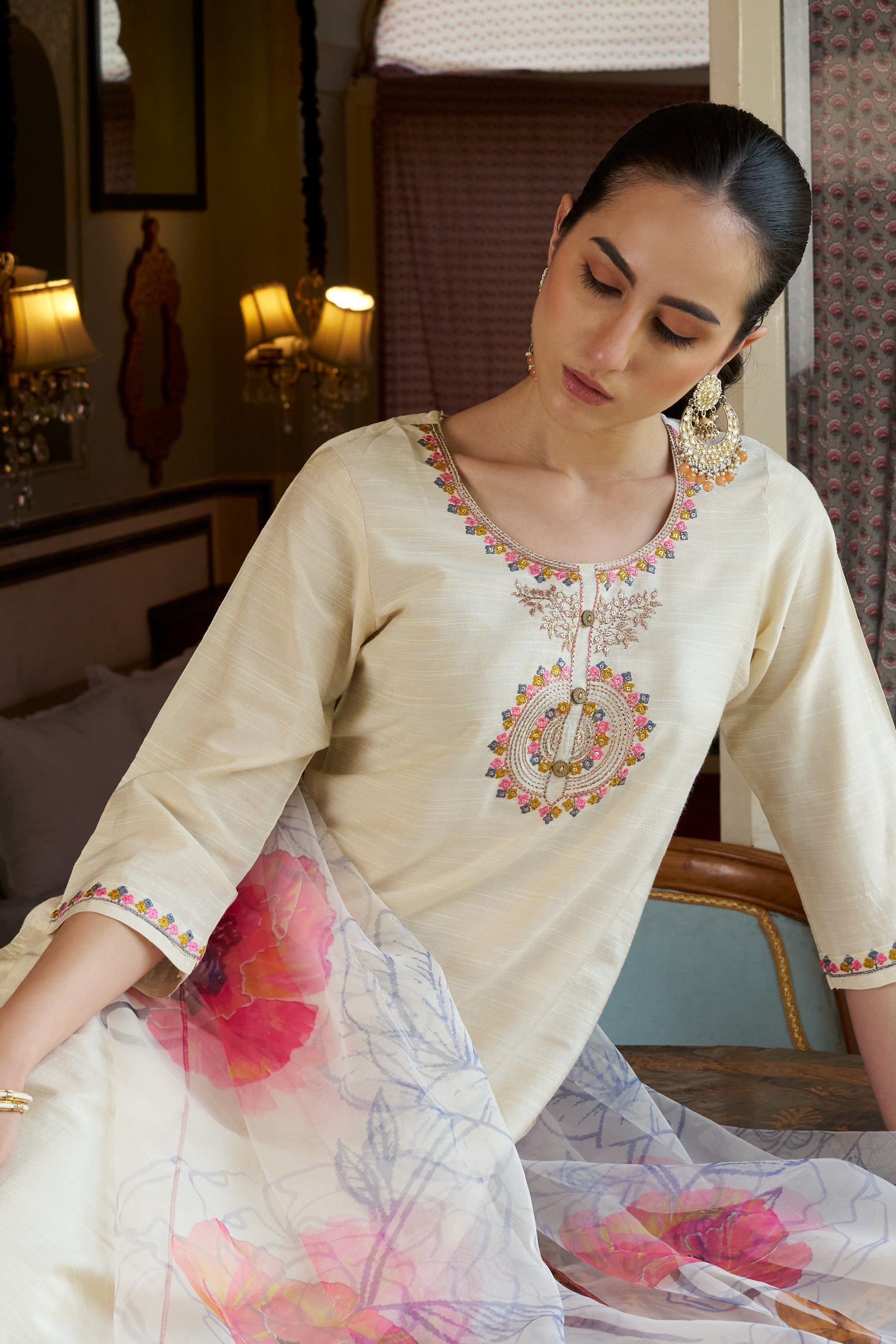 VredeVogel Women Kurta and Pant Sets Cotton Silk Fabric