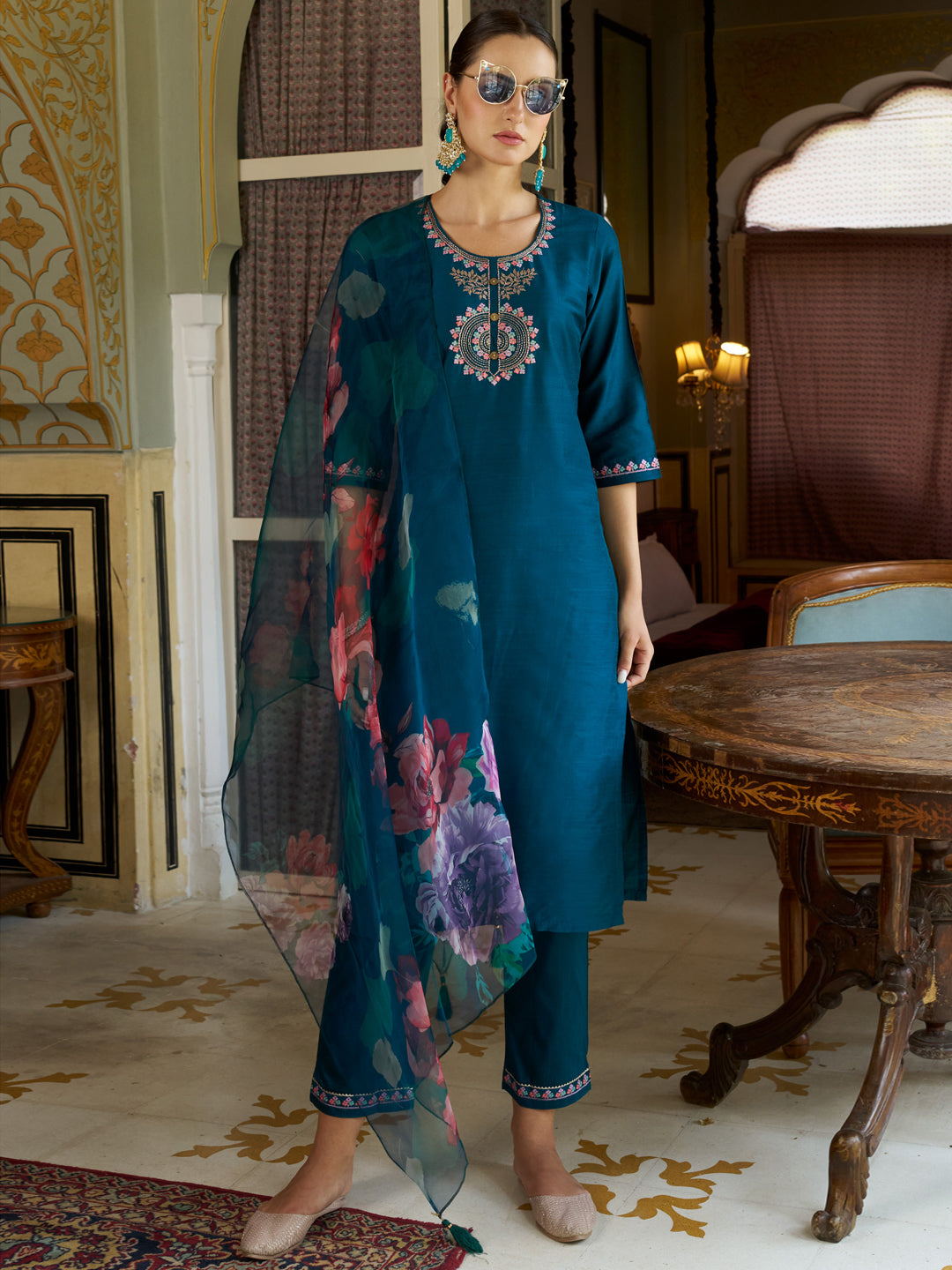 VredeVogel Women Kurta and Pant Sets Cotton Silk Fabric