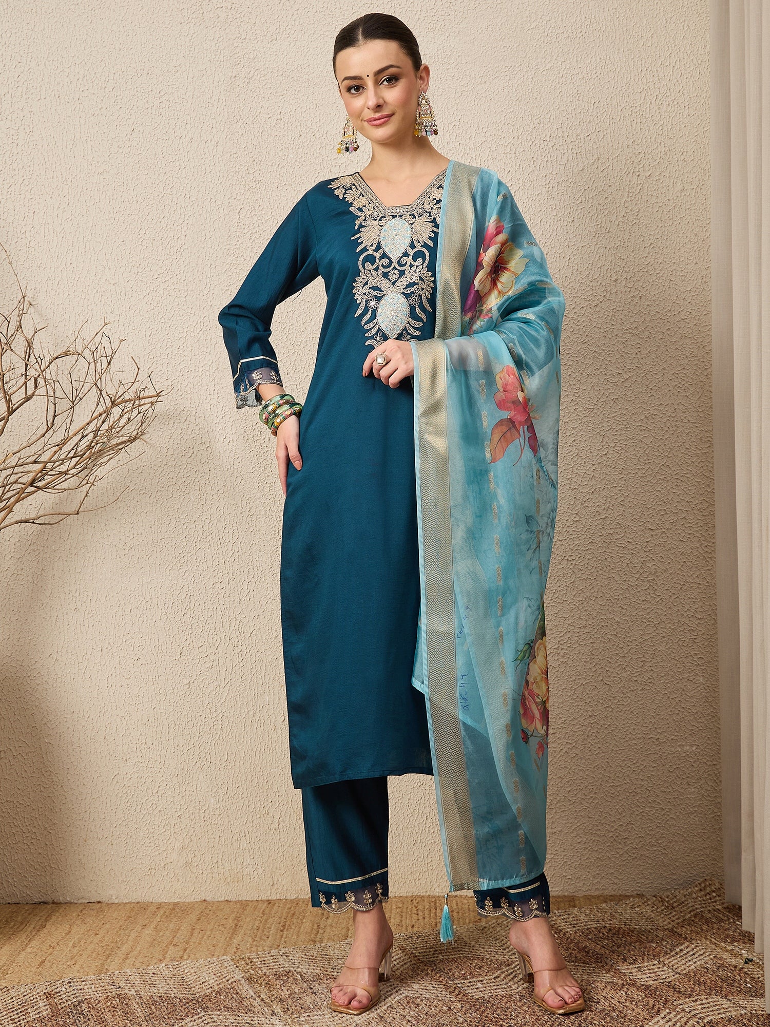 Chandni Blue Women Viscose Rayon suit Set