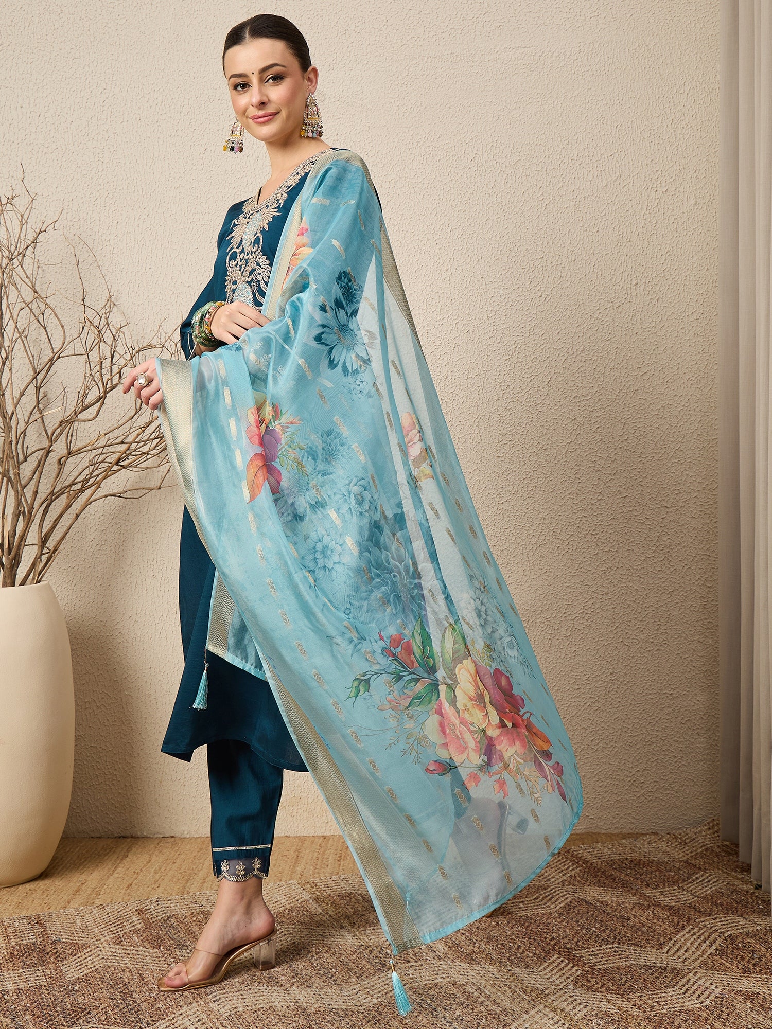 Chandni Blue Women Viscose Rayon suit Set