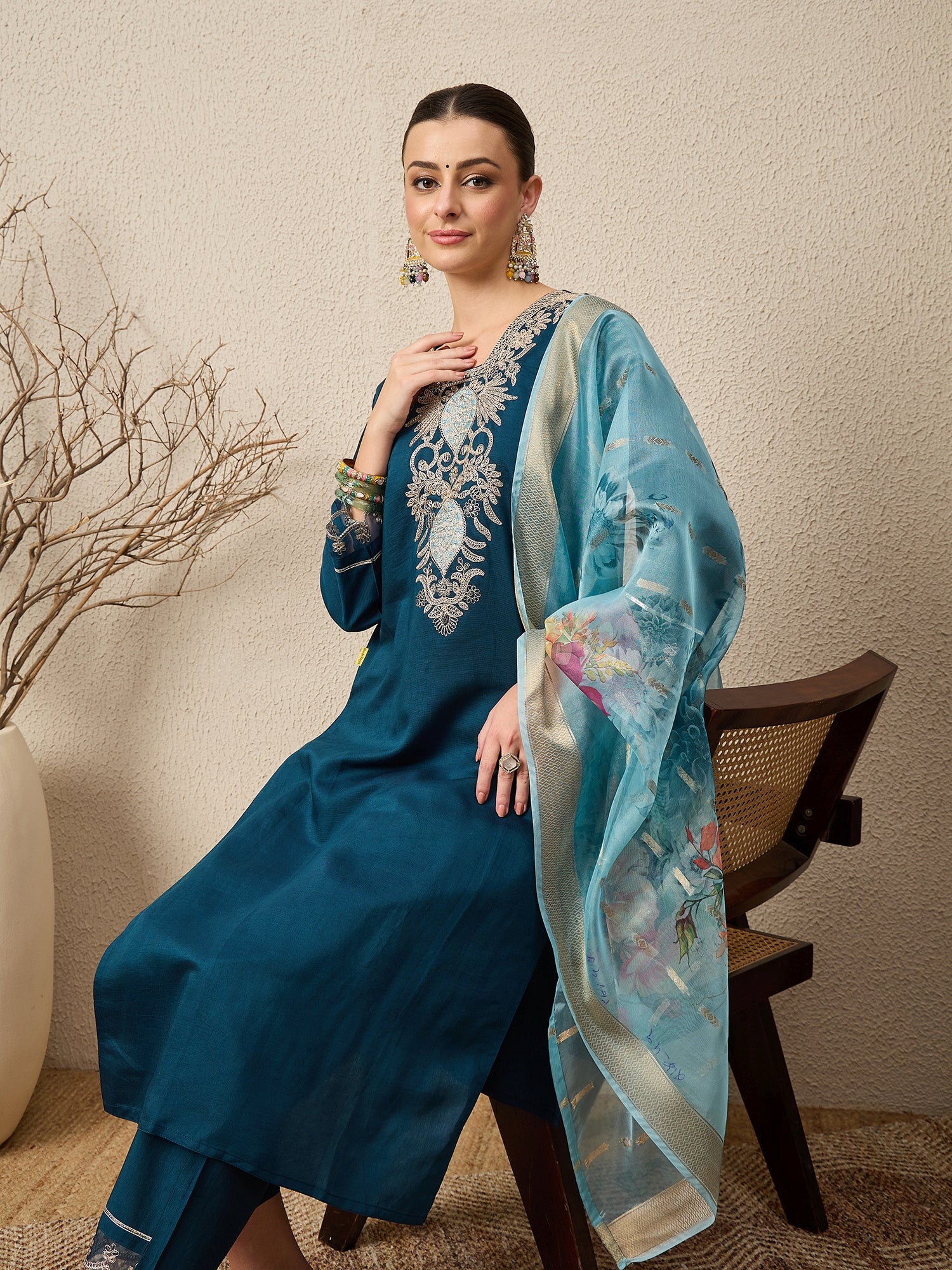 Chandni Blue Women Viscose Rayon suit Set